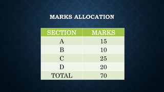 MARKS ALLOCATION
SECTION MARKS
A 15
B 10
C 25
D 20
TOTAL 70
 