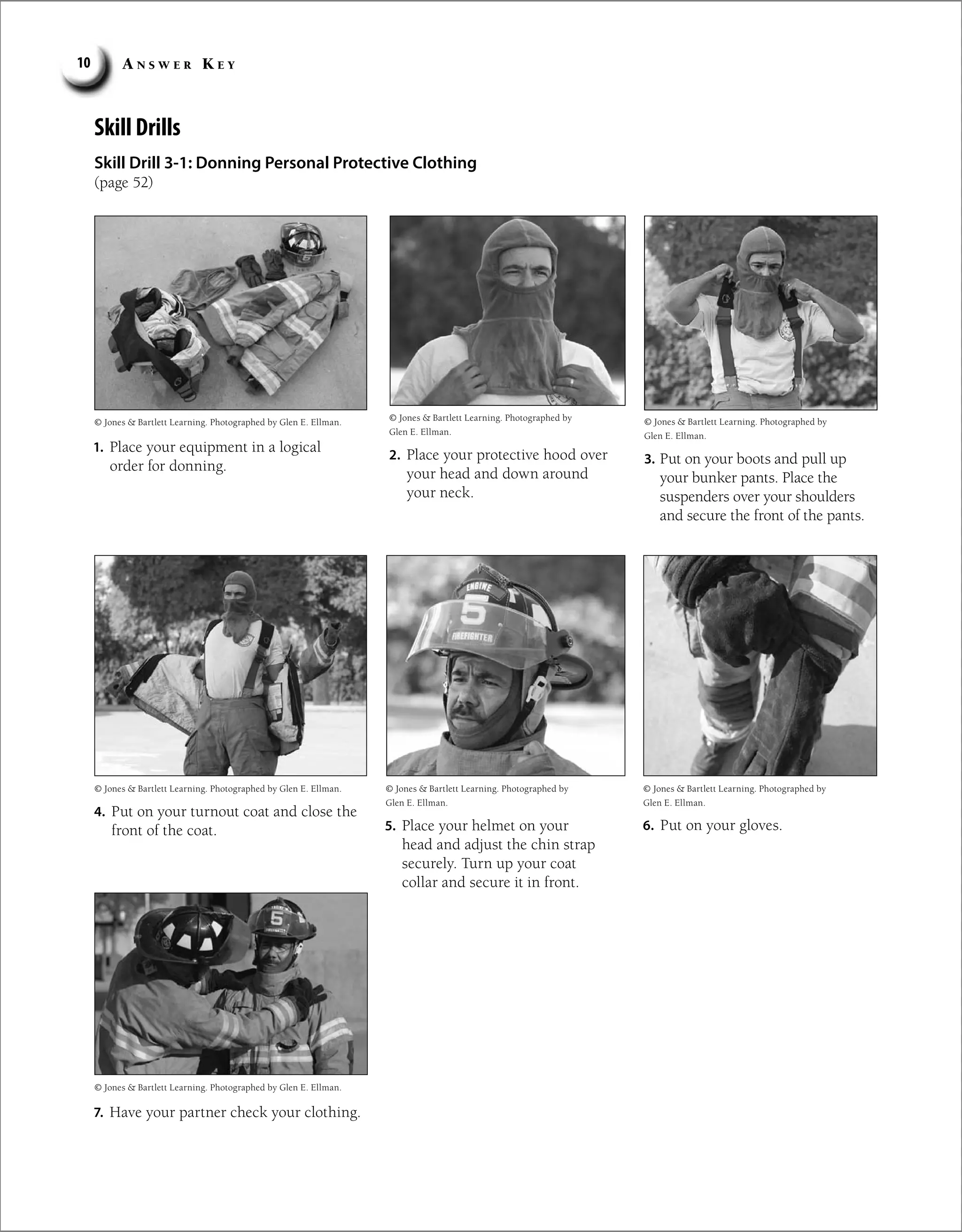 A n s w e r K e y
10
Skill Drills
Skill Drill 3-1: Donning Personal Protective Clothing
(page 52)
1. Place your equipment in a logical
order for donning.
© Jones  Bartlett Learning. Photographed by Glen E. Ellman.
© Jones  Bartlett Learning. Photographed by Glen E. Ellman.
4. Put on your turnout coat and close the
front of the coat.
© Jones  Bartlett Learning. Photographed by
Glen E. Ellman.
6. Put on your gloves.
© Jones  Bartlett Learning. Photographed by
Glen E. Ellman.
3. Put on your boots and pull up
your bunker pants. Place the
suspenders over your shoulders
and secure the front of the pants.
© Jones  Bartlett Learning. Photographed by
Glen E. Ellman.
5. Place your helmet on your
head and adjust the chin strap
securely. Turn up your coat
collar and secure it in front.
© Jones  Bartlett Learning. Photographed by Glen E. Ellman.
2. Place your protective hood over
your head and down around
your neck.
© Jones  Bartlett Learning. Photographed by
Glen E. Ellman.
7. Have your partner check your clothing.
 