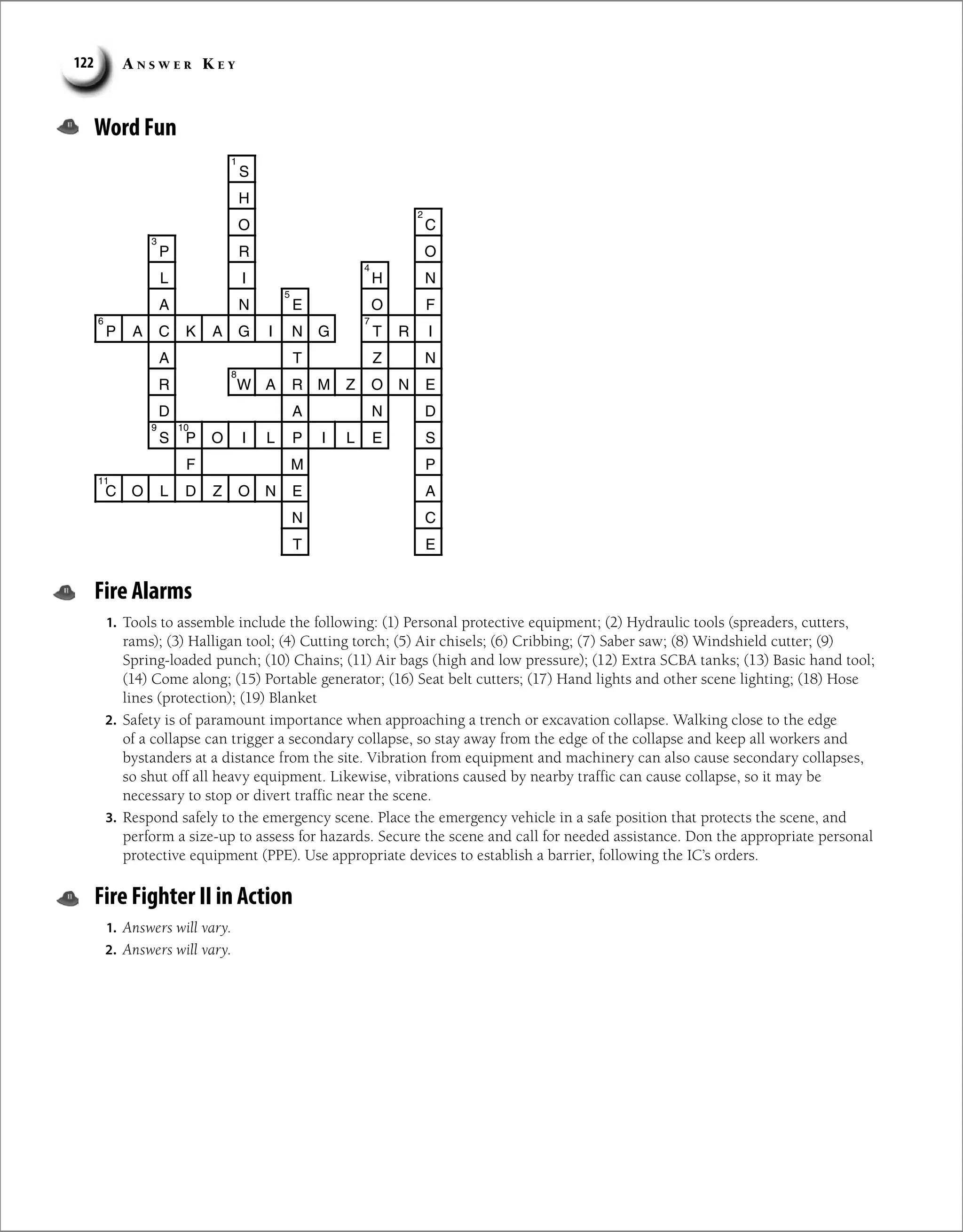 A n s w e r K e y
122
Word Fun
S
H
O C
P R O
L I H N
A N E O F
P A C K A G I N G T R I
A T Z N
R W A R M Z O N E
D A N D
S P O I L P I L E S
F M P
C O L D Z O N E A
N C
T E
1
2
3
4
5
6 7
8
9 10
11
Fire Alarms
1. Tools to assemble include the following: (1) Personal protective equipment; (2) Hydraulic tools (spreaders, cutters,
rams); (3) Halligan tool; (4) Cutting torch; (5) Air chisels; (6) Cribbing; (7) Saber saw; (8) Windshield cutter; (9)
Spring-loaded punch; (10) Chains; (11) Air bags (high and low pressure); (12) Extra SCBA tanks; (13) Basic hand tool;
(14) Come along; (15) Portable generator; (16) Seat belt cutters; (17) Hand lights and other scene lighting; (18) Hose
lines (protection); (19) Blanket
2. Safety is of paramount importance when approaching a trench or excavation collapse. Walking close to the edge
of a collapse can trigger a secondary collapse, so stay away from the edge of the collapse and keep all workers and
bystanders at a distance from the site. Vibration from equipment and machinery can also cause secondary collapses,
so shut off all heavy equipment. Likewise, vibrations caused by nearby traffic can cause collapse, so it may be
necessary to stop or divert traffic near the scene.
3. Respond safely to the emergency scene. Place the emergency vehicle in a safe position that protects the scene, and
perform a size-up to assess for hazards. Secure the scene and call for needed assistance. Don the appropriate personal
protective equipment (PPE). Use appropriate devices to establish a barrier, following the IC’s orders.
Fire Fighter II in Action
1. Answers will vary.
2. Answers will vary.
 
