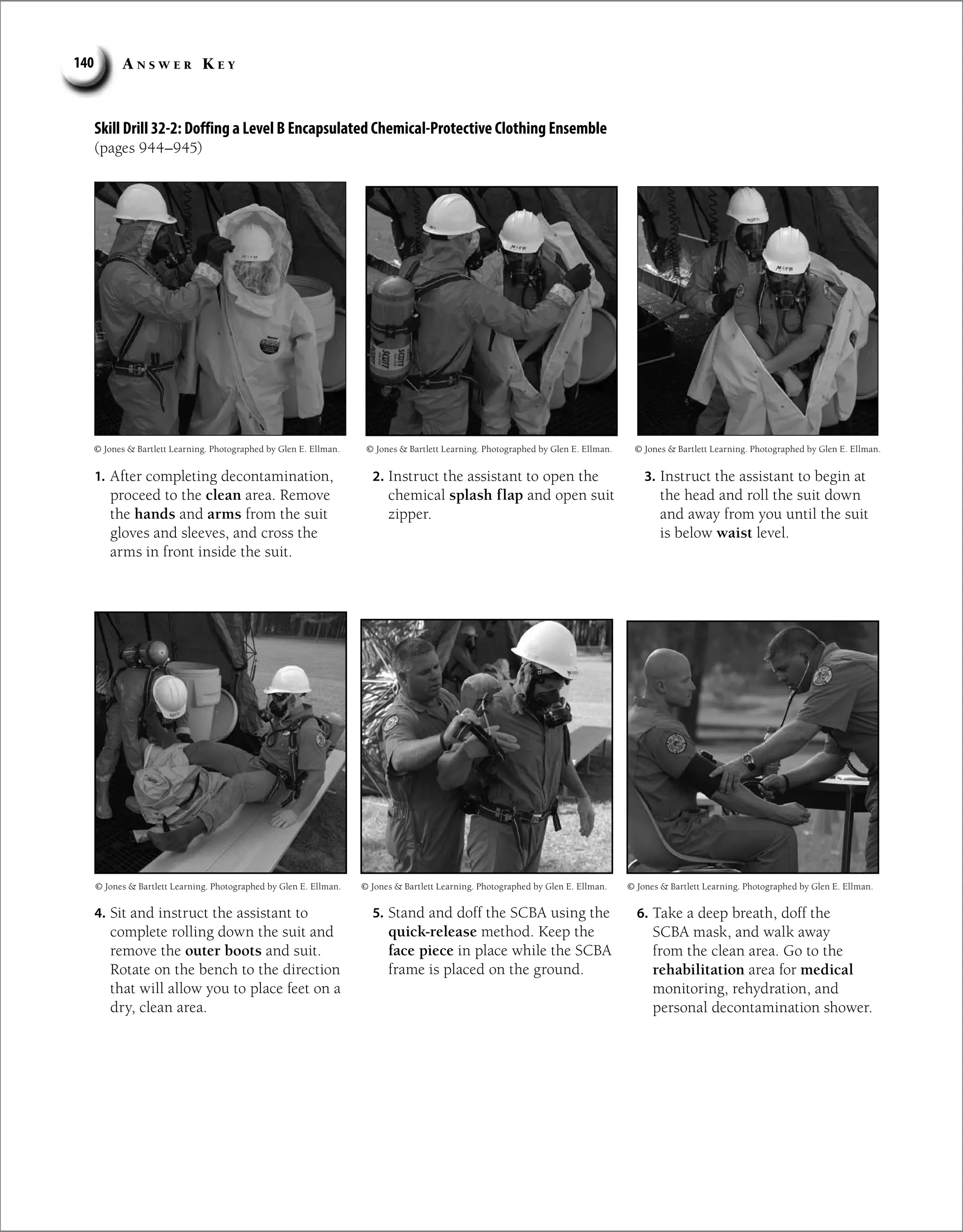 A n s w e r K e y
140
Skill Drill 32-2: Doffing a Level B Encapsulated Chemical-Protective Clothing Ensemble
(pages 944–945)
1. After completing decontamination,
proceed to the clean area. Remove
the hands and arms from the suit
gloves and sleeves, and cross the
arms in front inside the suit.
2. Instruct the assistant to open the
chemical splash flap and open suit
zipper.
3. Instruct the assistant to begin at
the head and roll the suit down
and away from you until the suit
is below waist level.
© Jones  Bartlett Learning. Photographed by Glen E. Ellman. © Jones  Bartlett Learning. Photographed by Glen E. Ellman. © Jones  Bartlett Learning. Photographed by Glen E. Ellman.
4. Sit and instruct the assistant to
complete rolling down the suit and
remove the outer boots and suit.
Rotate on the bench to the direction
that will allow you to place feet on a
dry, clean area.
5. Stand and doff the SCBA using the
quick-release method. Keep the
face piece in place while the SCBA
frame is placed on the ground.
6. Take a deep breath, doff the
SCBA mask, and walk away
from the clean area. Go to the
rehabilitation area for medical
monitoring, rehydration, and
personal decontamination shower.
© Jones  Bartlett Learning. Photographed by Glen E. Ellman. © Jones  Bartlett Learning. Photographed by Glen E. Ellman. © Jones  Bartlett Learning. Photographed by Glen E. Ellman.
 