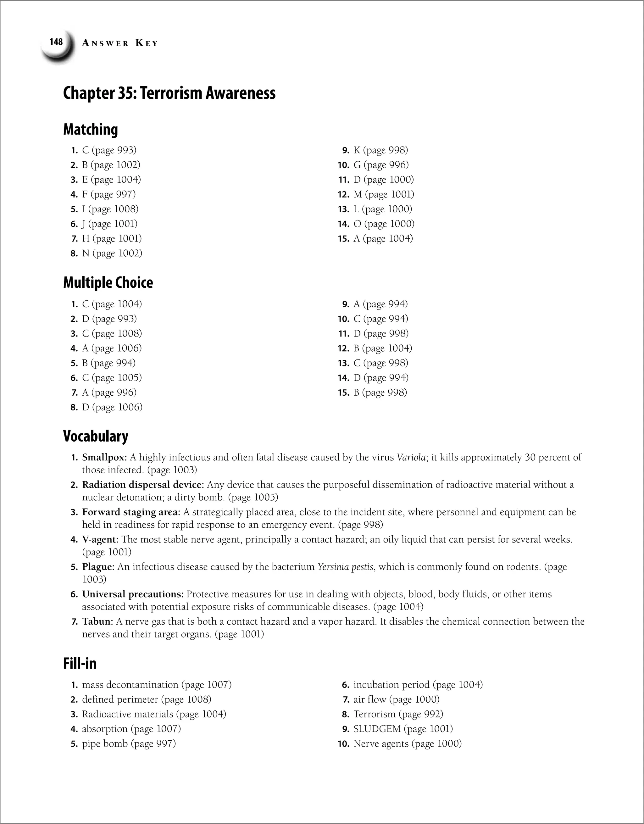 A n s w e r K e y
148
Chapter 35: Terrorism Awareness
Matching
1. C (page 993)
2. B (page 1002)
3. E (page 1004)
4. F (page 997)
5. I (page 1008)
6. J (page 1001)
7. H (page 1001)
8. N (page 1002)
9. K (page 998)
10. G (page 996)
11. D (page 1000)
12. M (page 1001)
13. L (page 1000)
14. O (page 1000)
15. A (page 1004)
Multiple Choice
1. C (page 1004)
2. D (page 993)
3. C (page 1008)
4. A (page 1006)
5. B (page 994)
6. C (page 1005)
7. A (page 996)
8. D (page 1006)
9. A (page 994)
10. C (page 994)
11. D (page 998)
12. B (page 1004)
13. C (page 998)
14. D (page 994)
15. B (page 998)
Vocabulary
1. Smallpox: A highly infectious and often fatal disease caused by the virus Variola; it kills approximately 30 percent of
those infected. (page 1003)
2. Radiation dispersal device: Any device that causes the purposeful dissemination of radioactive material without a
nuclear detonation; a dirty bomb. (page 1005)
3. Forward staging area: A strategically placed area, close to the incident site, where personnel and equipment can be
held in readiness for rapid response to an emergency event. (page 998)
4. V-agent: The most stable nerve agent, principally a contact hazard; an oily liquid that can persist for several weeks.
(page 1001)
5. Plague: An infectious disease caused by the bacterium Yersinia pestis, which is commonly found on rodents. (page
1003)
6. Universal precautions: Protective measures for use in dealing with objects, blood, body fluids, or other items
associated with potential exposure risks of communicable diseases. (page 1004)
7. Tabun: A nerve gas that is both a contact hazard and a vapor hazard. It disables the chemical connection between the
nerves and their target organs. (page 1001)
Fill-in
1. mass decontamination (page 1007)
2. defined perimeter (page 1008)
3. Radioactive materials (page 1004)
4. absorption (page 1007)
5. pipe bomb (page 997)
6. incubation period (page 1004)
7. air flow (page 1000)
8. Terrorism (page 992)
9. SLUDGEM (page 1001)
10. Nerve agents (page 1000)
 