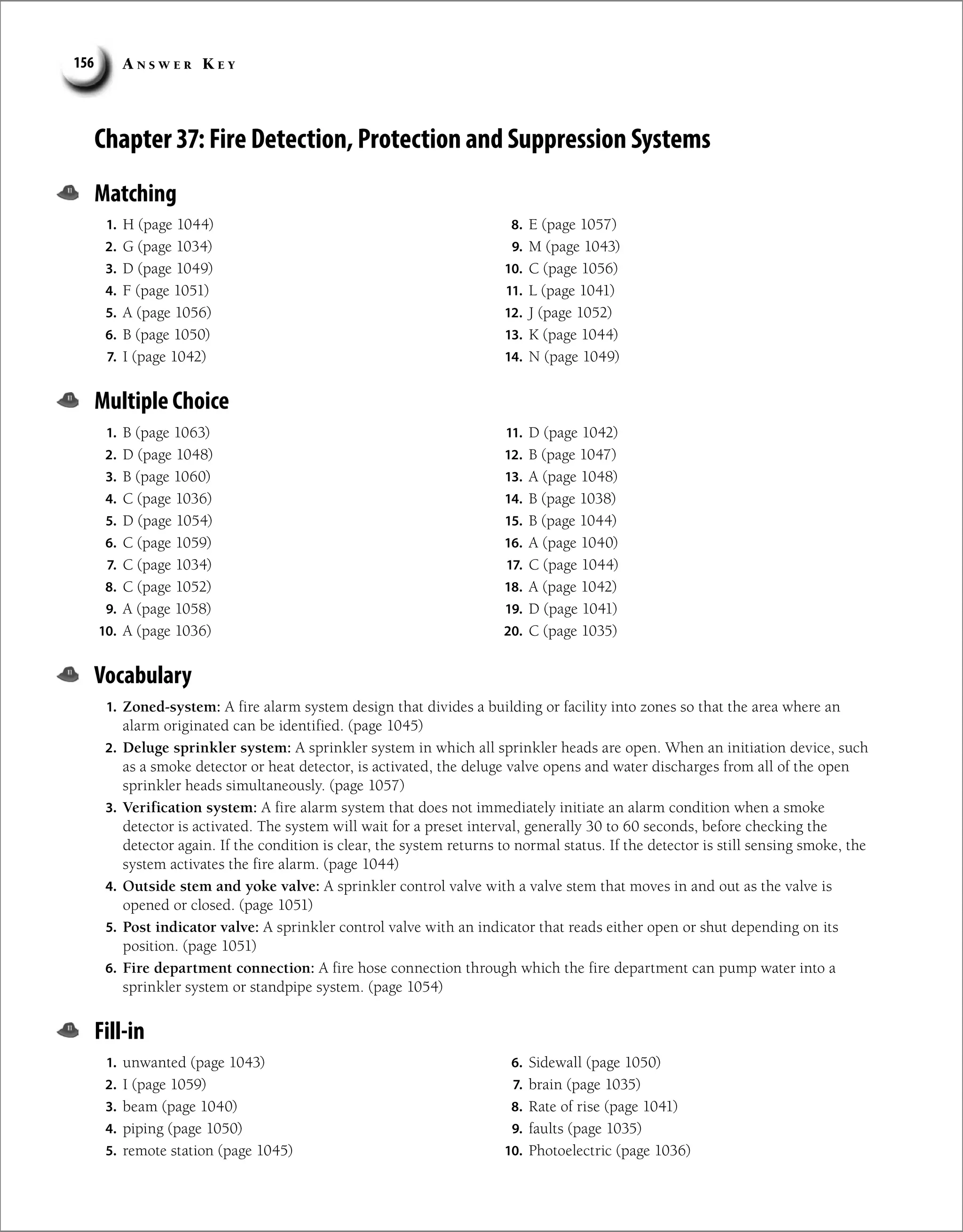 A n s w e r K e y
156
Chapter 37: Fire Detection, Protection and Suppression Systems
Matching
1. H (page 1044)
2. G (page 1034)
3. D (page 1049)
4. F (page 1051)
5. A (page 1056)
6. B (page 1050)
7. I (page 1042)
8. E (page 1057)
9. M (page 1043)
10. C (page 1056)
11. L (page 1041)
12. J (page 1052)
13. K (page 1044)
14. N (page 1049)
Multiple Choice
1. B (page 1063)
2. D (page 1048)
3. B (page 1060)
4. C (page 1036)
5. D (page 1054)
6. C (page 1059)
7. C (page 1034)
8. C (page 1052)
9. A (page 1058)
10. A (page 1036)
11. D (page 1042)
12. B (page 1047)
13. A (page 1048)
14. B (page 1038)
15. B (page 1044)
16. A (page 1040)
17. C (page 1044)
18. A (page 1042)
19. D (page 1041)
20. C (page 1035)
Vocabulary
1. Zoned-system: A fire alarm system design that divides a building or facility into zones so that the area where an
alarm originated can be identified. (page 1045)
2. Deluge sprinkler system: A sprinkler system in which all sprinkler heads are open. When an initiation device, such
as a smoke detector or heat detector, is activated, the deluge valve opens and water discharges from all of the open
sprinkler heads simultaneously. (page 1057)
3. Verification system: A fire alarm system that does not immediately initiate an alarm condition when a smoke
detector is activated. The system will wait for a preset interval, generally 30 to 60 seconds, before checking the
detector again. If the condition is clear, the system returns to normal status. If the detector is still sensing smoke, the
system activates the fire alarm. (page 1044)
4. Outside stem and yoke valve: A sprinkler control valve with a valve stem that moves in and out as the valve is
opened or closed. (page 1051)
5. Post indicator valve: A sprinkler control valve with an indicator that reads either open or shut depending on its
position. (page 1051)
6. Fire department connection: A fire hose connection through which the fire department can pump water into a
sprinkler system or standpipe system. (page 1054)
Fill-in
1. unwanted (page 1043)
2. I (page 1059)
3. beam (page 1040)
4. piping (page 1050)
5. remote station (page 1045)
6. Sidewall (page 1050)
7. brain (page 1035)
8. Rate of rise (page 1041)
9. faults (page 1035)
10. Photoelectric (page 1036)
 