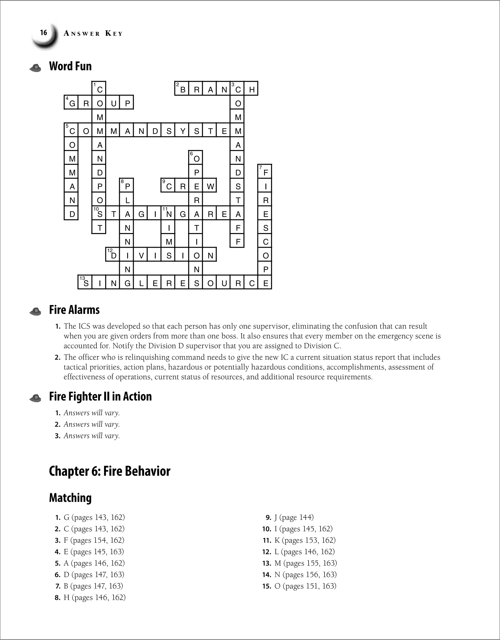 A n s w e r K e y
16
Word Fun
Fire Alarms
1. The ICS was developed so that each person has only one supervisor, eliminating the confusion that can result
when you are given orders from more than one boss. It also ensures that every member on the emergency scene is
accounted for. Notify the Division D supervisor that you are assigned to Division C.
2. The officer who is relinquishing command needs to give the new IC a current situation status report that includes
tactical priorities, action plans, hazardous or potentially hazardous conditions, accomplishments, assessment of
effectiveness of operations, current status of resources, and additional resource requirements.
Fire Fighter II in Action
1. Answers will vary.
2. Answers will vary.
3. Answers will vary.
Chapter 6: Fire Behavior
Matching
C B R A N C H
G R O U O
P
M
M
C O M M A N D S Y S T E M
O A A
M N O N
M D P D F
A P P C R E W S I
N O L R T R
D S T A G I N G A R E A E
T N I T F S
N M I F C
D I V I S I O N O
N N P
S I N G L E R E S O U R C E
2
1 3
4
5
6
7
8 9
10 11
12
13
1. G (pages 143, 162)
2. C (pages 143, 162)
3. F (pages 154, 162)
4. E (pages 145, 163)
5. A (pages 146, 162)
6. D (pages 147, 163)
7. B (pages 147, 163)
8. H (pages 146, 162)
9. J (page 144)
10. I (pages 145, 162)
11. K (pages 153, 162)
12. L (pages 146, 162)
13. M (pages 155, 163)
14. N (pages 156, 163)
15. O (pages 151, 163)
 