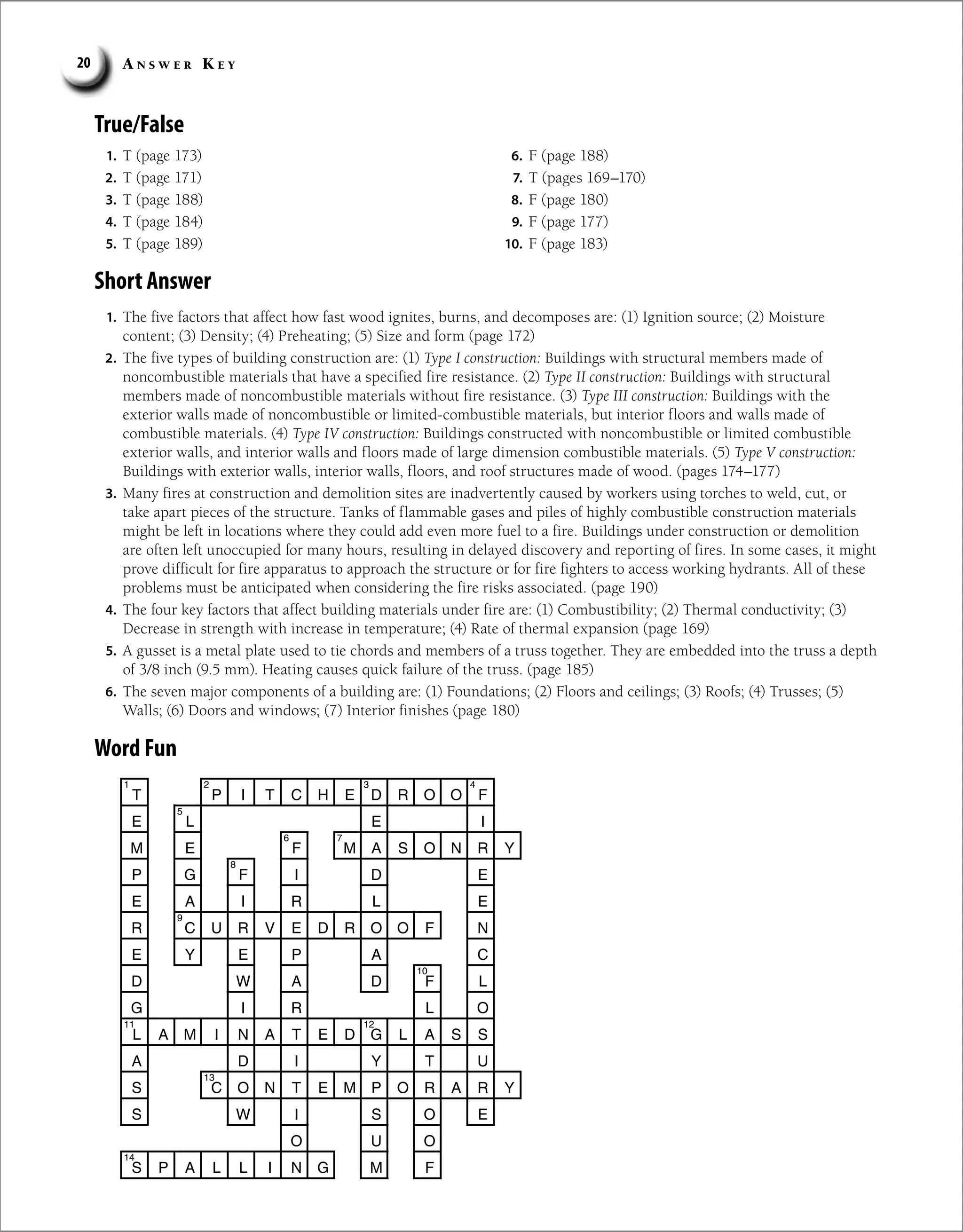 A n s w e r K e y
20
Word Fun
T P I T C H E D R O O F
E L E I
M E F M A S O N R Y
P G F I D E
E A I R L E
R C U R V E D R O O F N
E Y E P A C
D W A D F L
G I R L O
L A M I N A T E D G L A S S
A D I Y T U
S C O N T E M P O R A R Y
S W I S O E
O U O
S P A L L I N G M F
1 2 4
3
5
6 7
8
9
10
11 12
13
14
True/False
1. T (page 173)
2. T (page 171)
3. T (page 188)
4. T (page 184)
5. T (page 189)
6. F (page 188)
7. T (pages 169–170)
8. F (page 180)
9. F (page 177)
10. F (page 183)
Short Answer
1. The five factors that affect how fast wood ignites, burns, and decomposes are: (1) Ignition source; (2) Moisture
content; (3) Density; (4) Preheating; (5) Size and form (page 172)
2. The five types of building construction are: (1) Type I construction: Buildings with structural members made of
noncombustible materials that have a specified fire resistance. (2) Type II construction: Buildings with structural
members made of noncombustible materials without fire resistance. (3) Type III construction: Buildings with the
exterior walls made of noncombustible or limited-combustible materials, but interior floors and walls made of
combustible materials. (4) Type IV construction: Buildings constructed with noncombustible or limited combustible
exterior walls, and interior walls and floors made of large dimension combustible materials. (5) Type V construction:
Buildings with exterior walls, interior walls, floors, and roof structures made of wood. (pages 174–177)
3. Many fires at construction and demolition sites are inadvertently caused by workers using torches to weld, cut, or
take apart pieces of the structure. Tanks of flammable gases and piles of highly combustible construction materials
might be left in locations where they could add even more fuel to a fire. Buildings under construction or demolition
are often left unoccupied for many hours, resulting in delayed discovery and reporting of fires. In some cases, it might
prove difficult for fire apparatus to approach the structure or for fire fighters to access working hydrants. All of these
problems must be anticipated when considering the fire risks associated. (page 190)
4. The four key factors that affect building materials under fire are: (1) Combustibility; (2) Thermal conductivity; (3)
Decrease in strength with increase in temperature; (4) Rate of thermal expansion (page 169)
5. A gusset is a metal plate used to tie chords and members of a truss together. They are embedded into the truss a depth
of 3/8 inch (9.5 mm). Heating causes quick failure of the truss. (page 185)
6. The seven major components of a building are: (1) Foundations; (2) Floors and ceilings; (3) Roofs; (4) Trusses; (5)
Walls; (6) Doors and windows; (7) Interior finishes (page 180)
 