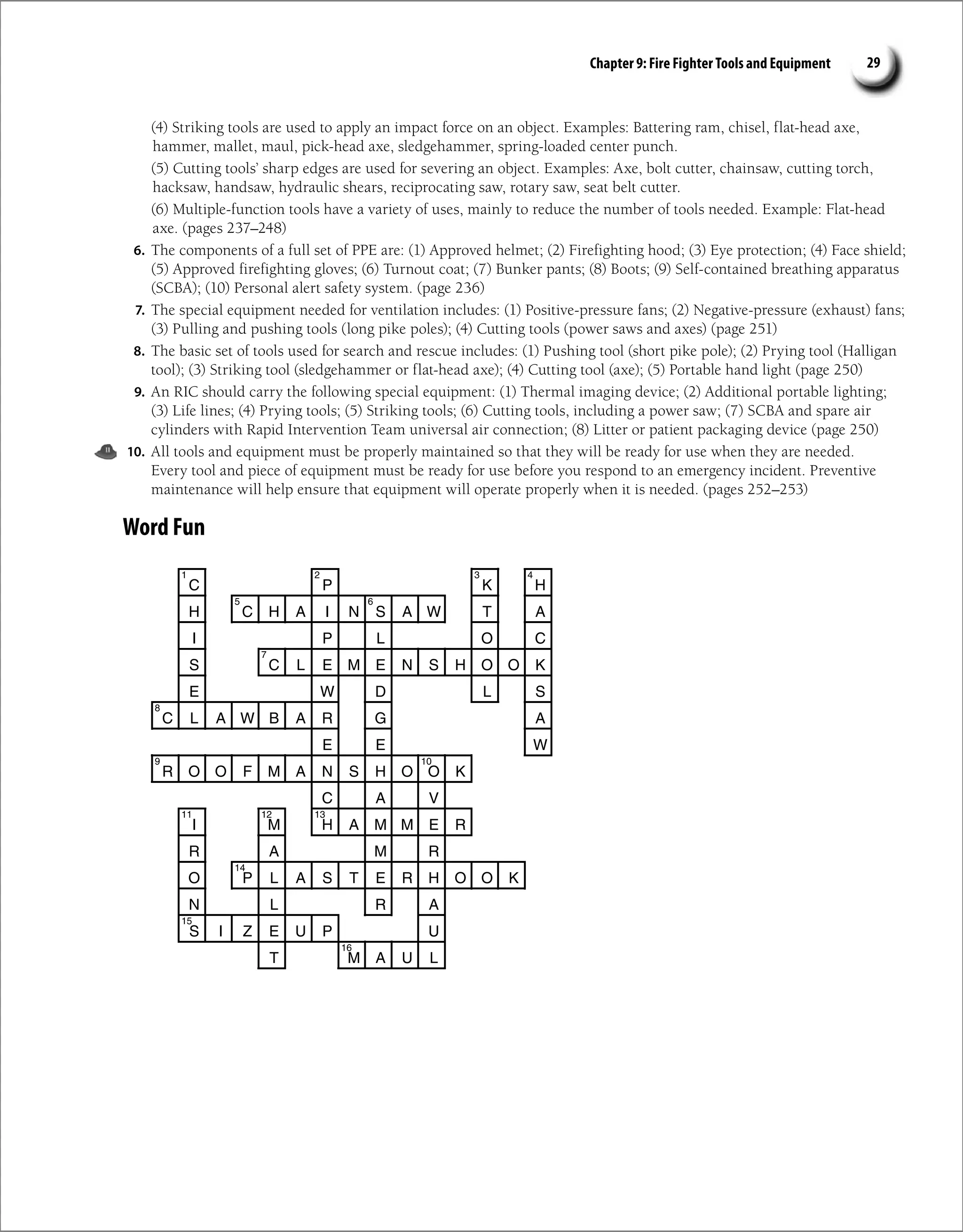 Chapter 9: Fire Fighter Tools and Equipment 29
(4) Striking tools are used to apply an impact force on an object. Examples: Battering ram, chisel, flat-head axe,
hammer, mallet, maul, pick-head axe, sledgehammer, spring-loaded center punch.
(5) Cutting tools’ sharp edges are used for severing an object. Examples: Axe, bolt cutter, chainsaw, cutting torch,
hacksaw, handsaw, hydraulic shears, reciprocating saw, rotary saw, seat belt cutter.
(6) Multiple-function tools have a variety of uses, mainly to reduce the number of tools needed. Example: Flat-head
axe. (pages 237–248)
6. The components of a full set of PPE are: (1) Approved helmet; (2) Firefighting hood; (3) Eye protection; (4) Face shield;
(5) Approved firefighting gloves; (6) Turnout coat; (7) Bunker pants; (8) Boots; (9) Self-contained breathing apparatus
(SCBA); (10) Personal alert safety system. (page 236)
7. The special equipment needed for ventilation includes: (1) Positive-pressure fans; (2) Negative-pressure (exhaust) fans;
(3) Pulling and pushing tools (long pike poles); (4) Cutting tools (power saws and axes) (page 251)
8. The basic set of tools used for search and rescue includes: (1) Pushing tool (short pike pole); (2) Prying tool (Halligan
tool); (3) Striking tool (sledgehammer or flat-head axe); (4) Cutting tool (axe); (5) Portable hand light (page 250)
9. An RIC should carry the following special equipment: (1) Thermal imaging device; (2) Additional portable lighting;
(3) Life lines; (4) Prying tools; (5) Striking tools; (6) Cutting tools, including a power saw; (7) SCBA and spare air
cylinders with Rapid Intervention Team universal air connection; (8) Litter or patient packaging device (page 250)
10. All tools and equipment must be properly maintained so that they will be ready for use when they are needed.
Every tool and piece of equipment must be ready for use before you respond to an emergency incident. Preventive
maintenance will help ensure that equipment will operate properly when it is needed. (pages 252–253)
Word Fun
C P K H
H C H A I N S A W T A
I P L O C
S C L E M E N S H O O K
E W D L S
C L A W B A R G A
E E W
R O O F M A N S H O O K
C A V
I M H A M M E R
R A M R
O P L A S T E R H O O K
N L R A
S I Z E U P U
T M A U L
2
1 3 4
6
5
7
8
9 10
11 12 13
14
15
16
 