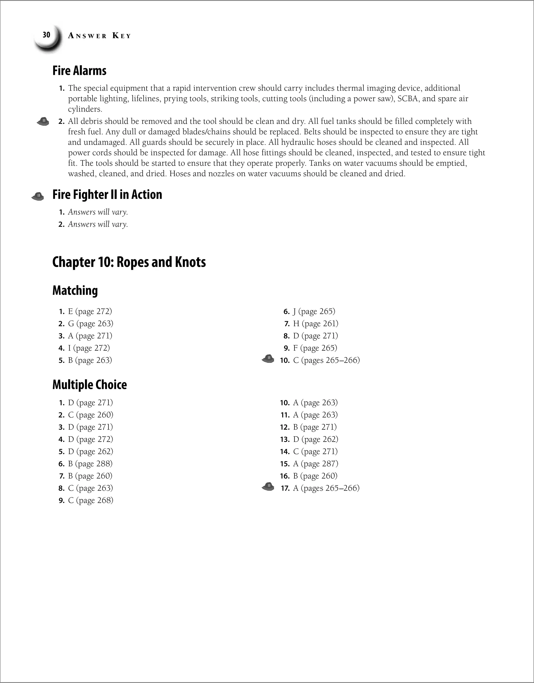 A n s w e r K e y
30
Fire Alarms
1. The special equipment that a rapid intervention crew should carry includes thermal imaging device, additional
portable lighting, lifelines, prying tools, striking tools, cutting tools (including a power saw), SCBA, and spare air
cylinders.
2. All debris should be removed and the tool should be clean and dry. All fuel tanks should be filled completely with
fresh fuel. Any dull or damaged blades/chains should be replaced. Belts should be inspected to ensure they are tight
and undamaged. All guards should be securely in place. All hydraulic hoses should be cleaned and inspected. All
power cords should be inspected for damage. All hose fittings should be cleaned, inspected, and tested to ensure tight
fit. The tools should be started to ensure that they operate properly. Tanks on water vacuums should be emptied,
washed, cleaned, and dried. Hoses and nozzles on water vacuums should be cleaned and dried.
Fire Fighter II in Action
1. Answers will vary.
2. Answers will vary.
Chapter 10: Ropes and Knots
Matching
1. E (page 272)
2. G (page 263)
3. A (page 271)
4. I (page 272)
5. B (page 263)
6. J (page 265)
7. H (page 261)
8. D (page 271)
9. F (page 265)
10. C (pages 265–266)
Multiple Choice
1. D (page 271)
2. C (page 260)
3. D (page 271)
4. D (page 272)
5. D (page 262)
6. B (page 288)
7. B (page 260)
8. C (page 263)
9. C (page 268)
10. A (page 263)
11. A (page 263)
12. B (page 271)
13. D (page 262)
14. C (page 271)
15. A (page 287)
16. B (page 260)
17. A (pages 265–266)
 