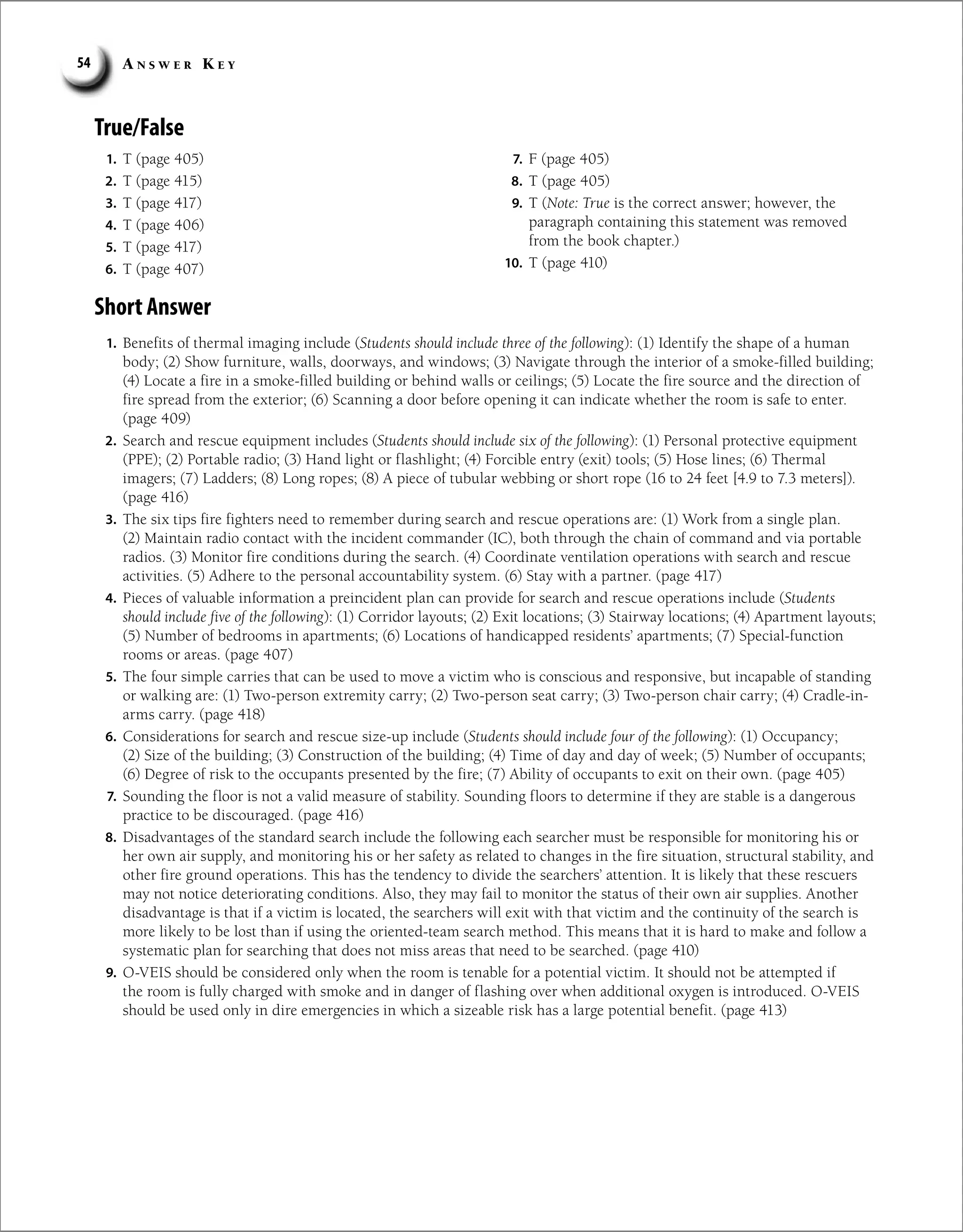 A n s w e r K e y
54
True/False
1. T (page 405)
2. T (page 415)
3. T (page 417)
4. T (page 406)
5. T (page 417)
6. T (page 407)
7. F (page 405)
8. T (page 405)
9. T (Note: True is the correct answer; however, the
paragraph containing this statement was removed
from the book chapter.)
10. T (page 410)
Short Answer
1. Benefits of thermal imaging include (Students should include three of the following): (1) Identify the shape of a human
body; (2) Show furniture, walls, doorways, and windows; (3) Navigate through the interior of a smoke-filled building;
(4) Locate a fire in a smoke-filled building or behind walls or ceilings; (5) Locate the fire source and the direction of
fire spread from the exterior; (6) Scanning a door before opening it can indicate whether the room is safe to enter.
(page 409)
2. Search and rescue equipment includes (Students should include six of the following): (1) Personal protective equipment
(PPE); (2) Portable radio; (3) Hand light or flashlight; (4) Forcible entry (exit) tools; (5) Hose lines; (6) Thermal
imagers; (7) Ladders; (8) Long ropes; (8) A piece of tubular webbing or short rope (16 to 24 feet [4.9 to 7.3 meters]).
(page 416)
3. The six tips fire fighters need to remember during search and rescue operations are: (1) Work from a single plan.
(2) Maintain radio contact with the incident commander (IC), both through the chain of command and via portable
radios. (3) Monitor fire conditions during the search. (4) Coordinate ventilation operations with search and rescue
activities. (5) Adhere to the personal accountability system. (6) Stay with a partner. (page 417)
4. Pieces of valuable information a preincident plan can provide for search and rescue operations include (Students
should include five of the following): (1) Corridor layouts; (2) Exit locations; (3) Stairway locations; (4) Apartment layouts;
(5) Number of bedrooms in apartments; (6) Locations of handicapped residents’ apartments; (7) Special-function
rooms or areas. (page 407)
5. The four simple carries that can be used to move a victim who is conscious and responsive, but incapable of standing
or walking are: (1) Two-person extremity carry; (2) Two-person seat carry; (3) Two-person chair carry; (4) Cradle-in-
arms carry. (page 418)
6. Considerations for search and rescue size-up include (Students should include four of the following): (1) Occupancy;
(2) Size of the building; (3) Construction of the building; (4) Time of day and day of week; (5) Number of occupants;
(6) Degree of risk to the occupants presented by the fire; (7) Ability of occupants to exit on their own. (page 405)
7. Sounding the floor is not a valid measure of stability. Sounding floors to determine if they are stable is a dangerous
practice to be discouraged. (page 416)
8. Disadvantages of the standard search include the following each searcher must be responsible for monitoring his or
her own air supply, and monitoring his or her safety as related to changes in the fire situation, structural stability, and
other fire ground operations. This has the tendency to divide the searchers’ attention. It is likely that these rescuers
may not notice deteriorating conditions. Also, they may fail to monitor the status of their own air supplies. Another
disadvantage is that if a victim is located, the searchers will exit with that victim and the continuity of the search is
more likely to be lost than if using the oriented-team search method. This means that it is hard to make and follow a
systematic plan for searching that does not miss areas that need to be searched. (page 410)
9. O-VEIS should be considered only when the room is tenable for a potential victim. It should not be attempted if
the room is fully charged with smoke and in danger of flashing over when additional oxygen is introduced. O-VEIS
should be used only in dire emergencies in which a sizeable risk has a large potential benefit. (page 413)
 