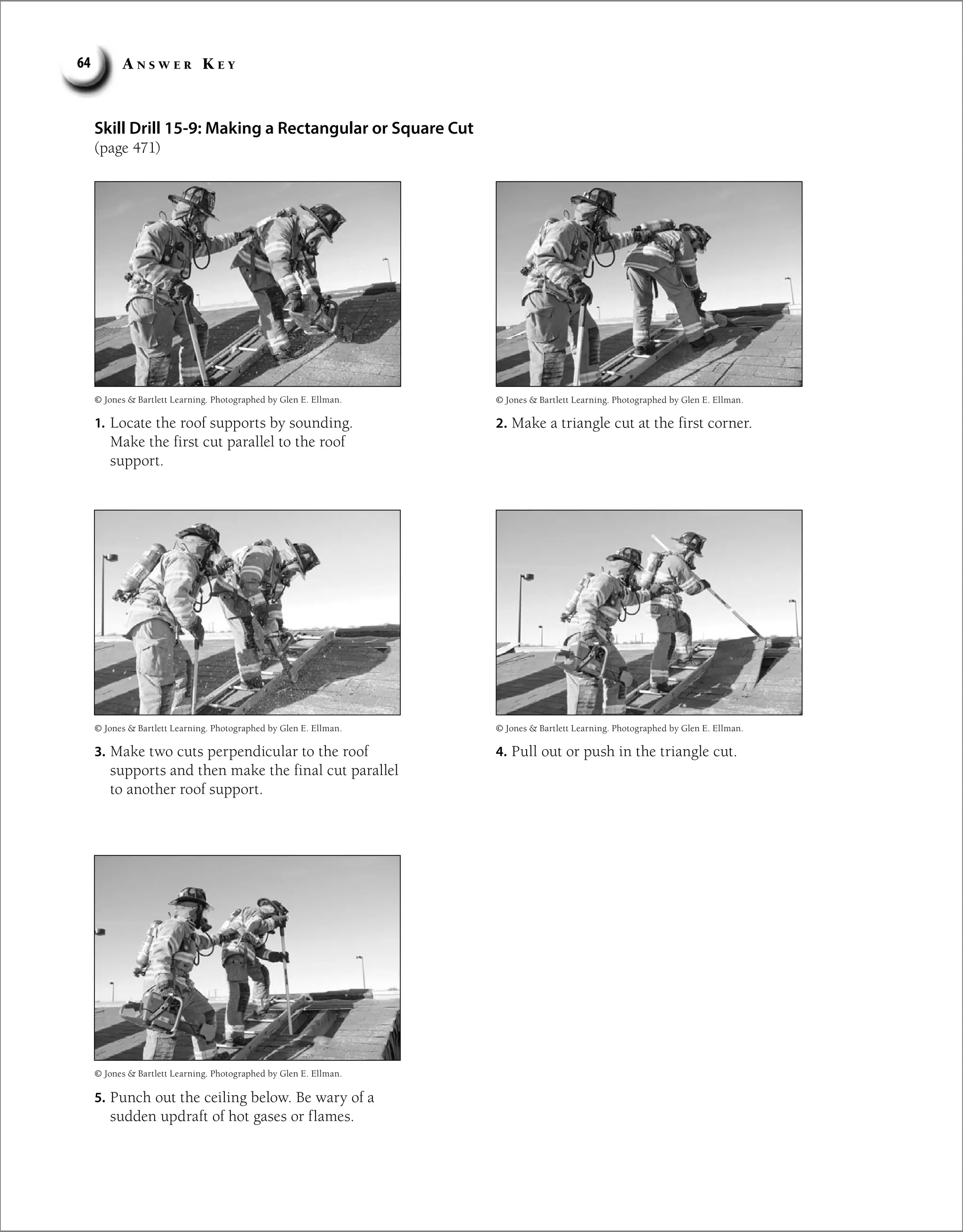A n s w e r K e y
64
Skill Drill 15-9: Making a Rectangular or Square Cut
(page 471)
© Jones  Bartlett Learning. Photographed by Glen E. Ellman. © Jones  Bartlett Learning. Photographed by Glen E. Ellman.
1. Locate the roof supports by sounding.
Make the first cut parallel to the roof
support.
2. Make a triangle cut at the first corner.
3. Make two cuts perpendicular to the roof
supports and then make the final cut parallel
to another roof support.
4. Pull out or push in the triangle cut.
5. Punch out the ceiling below. Be wary of a
sudden updraft of hot gases or flames.
© Jones  Bartlett Learning. Photographed by Glen E. Ellman.
© Jones  Bartlett Learning. Photographed by Glen E. Ellman.
© Jones  Bartlett Learning. Photographed by Glen E. Ellman.
 