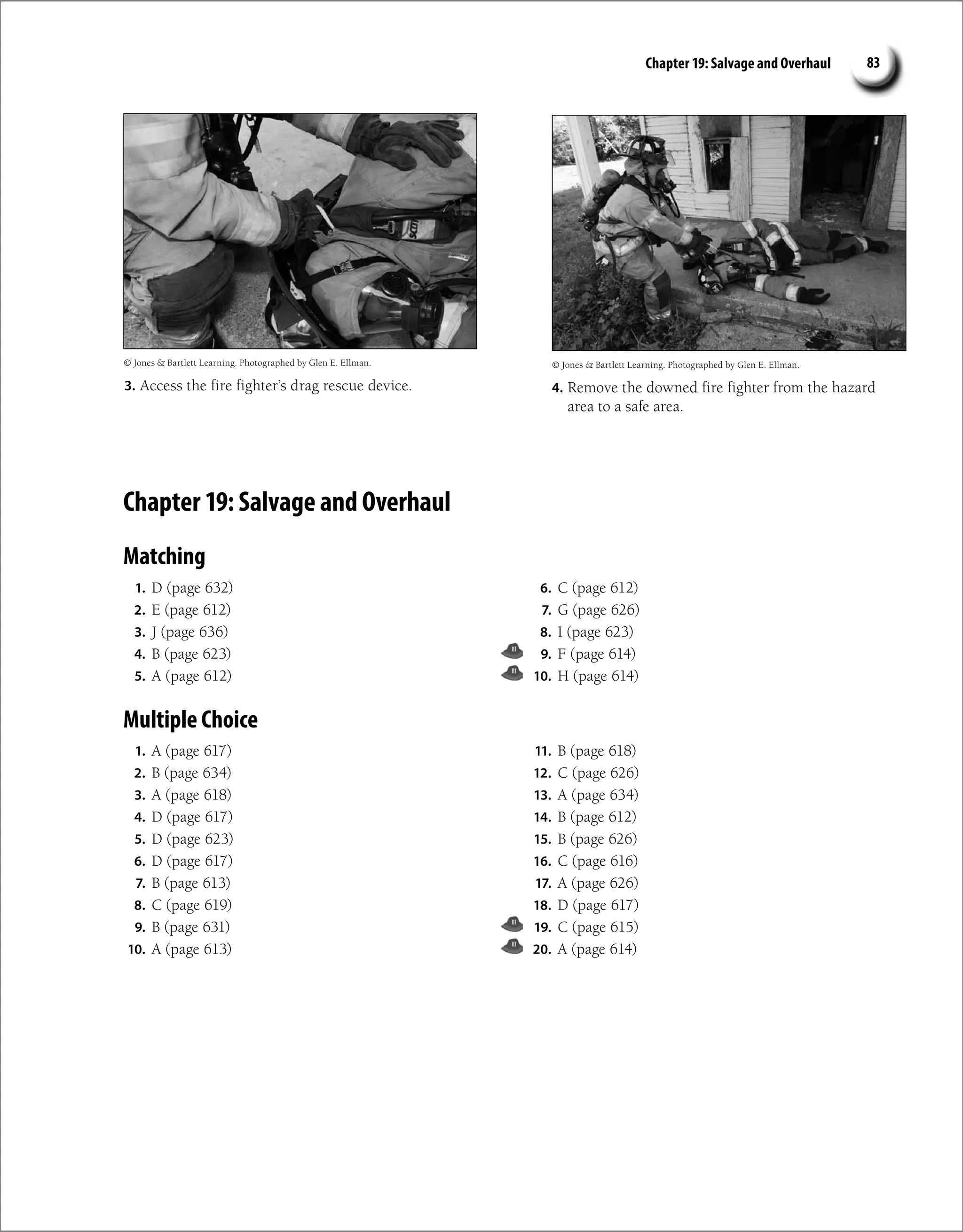 Chapter 19: Salvage and Overhaul 83
3. Access the fire fighter’s drag rescue device.
© Jones  Bartlett Learning. Photographed by Glen E. Ellman.
1. D (page 632)
2. E (page 612)
3. J (page 636)
4. B (page 623)
5. A (page 612)
6. C (page 612)
7. G (page 626)
8. I (page 623)
9. F (page 614)
10. H (page 614)
Matching
Chapter 19: Salvage and Overhaul
Multiple Choice
1. A (page 617)
2. B (page 634)
3. A (page 618)
4. D (page 617)
5. D (page 623)
6. D (page 617)
7. B (page 613)
8. C (page 619)
9. B (page 631)
10. A (page 613)
11. B (page 618)
12. C (page 626)
13. A (page 634)
14. B (page 612)
15. B (page 626)
16. C (page 616)
17. A (page 626)
18. D (page 617)
19. C (page 615)
20. A (page 614)
© Jones  Bartlett Learning. Photographed by Glen E. Ellman.
4. Remove the downed fire fighter from the hazard
area to a safe area.
 