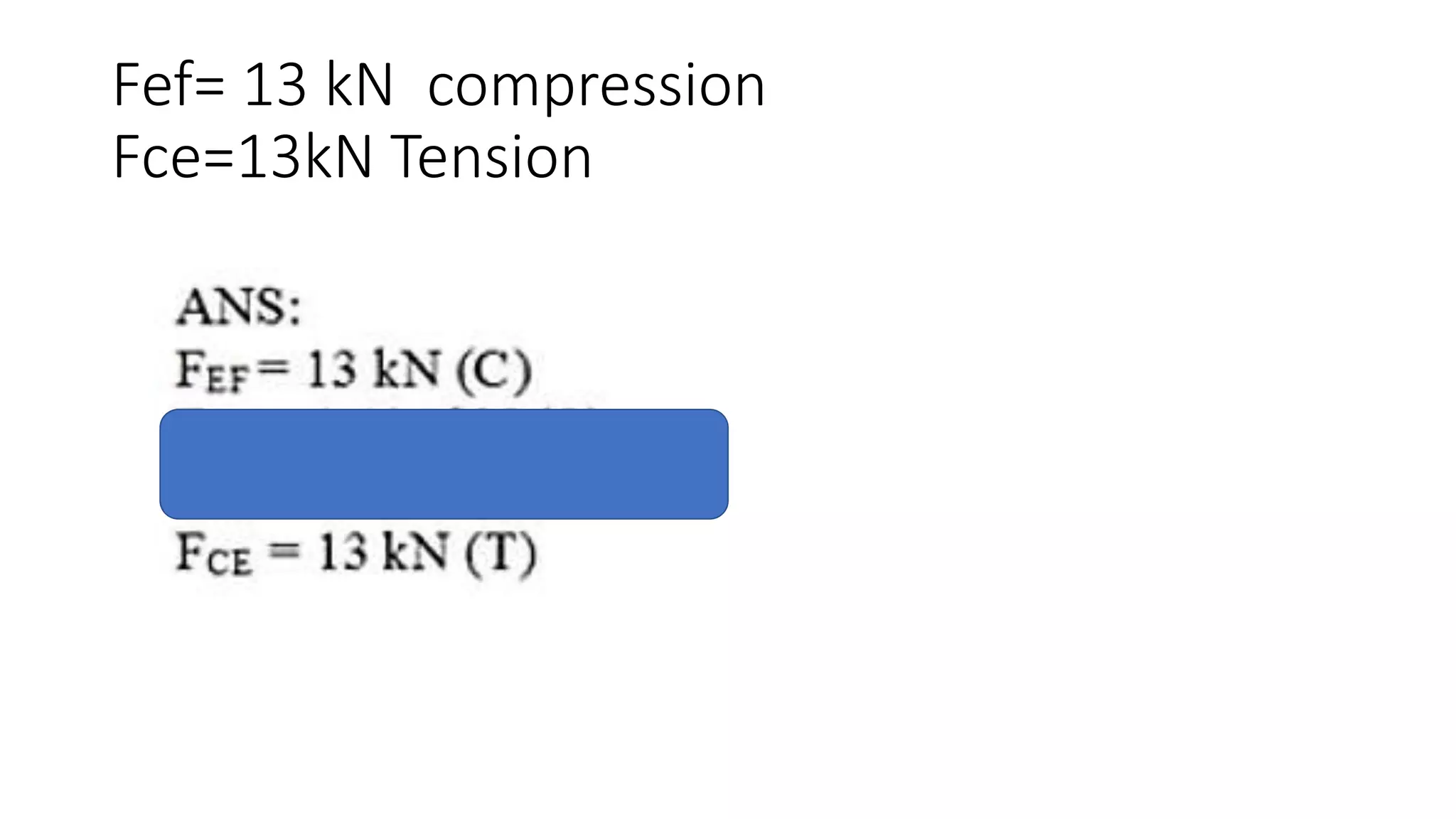 Fef= 13 kN compression
Fce=13kN Tension