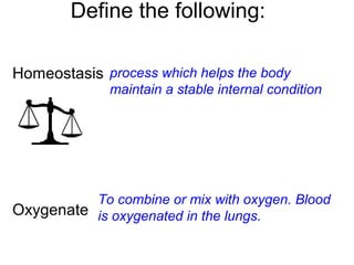 Define the following:
Homeostasis
Oxygenate
process which helps the body
maintain a stable internal condition
To combine or mix with oxygen. Blood
is oxygenated in the lungs.
 