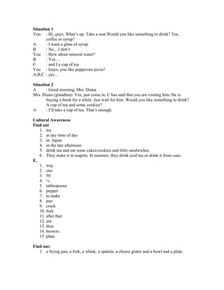 Situation 1
You : Hi, guys. What’s up. Take a seat.Would you like something to drink? Tea,
coffee or syrup?
A : I want a glass of syrup
B : No…I don’t
You : How about mineral water?
B : Yes…
C : and I a cup of tea
You : Guys, you like pepperoni pizza?
A,B,C : yes…
Situation 2
A : Good morning, Mrs. Diana
Mrs. Diana (grandma): Yes, just come in. C has said that you are visiting him. He is
buying a book for a while. Just wait for him. Would you like something to drink?
A cup of tea and some cookies?
A : I’ll take a cup of tea. That’s enough.
Cultural Awareness
Find out
1. tea
2. at any time of day
3. in Japan
4. in the late afternoon
5. drink tea and eat some cakes/cookies and little sandwiches
6. They make it in teapots. In summer, they drink iced tea or drink it from cans.
E.
1. way
2. one
3. 50
4. ¼
5. tablespoons
6. pepper
7. to make
8. pan
9. crack
10. fork
11. after that
12. stir
13. then
14. browns
15. plate
Find out:
1. a frying pan, a fork, a whisk, a spatula, a cheese grater and a bowl and a plate.
 