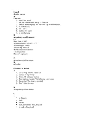 Stage 2
Getting started
A.
Find out:
1. hotel, inn, motel
2. no, you should check out by 12.00 noon
3. take all the belongings and leave the key at the front desk.
4. in cashier desk
5. no, I can’t
6. pull the fire alarm
7. to stop burning
B.
Accept any possible answer
e.g.
Date: June 4, 2007
Account number: 999-67235577
Account Type: saving
Amount Rp 1000000
Words: one million dollars
Teller signature:-
Deposit’s signature:
C.
Accept any possible answer
D.
4-5-1-2-3
Grammar in Action
A.
1. Go to sleep. I’m not sleepy yet
2. Get out of my money
3. Smile. I’ll take your picture
4. Take a piece of paper. We’re having a test today
5. Be careful. The street is crowded
6. Don’t litter this area
B.
Accept any possible answer
C.
1.
 at the park
 bank
 library
 mall, department store, hospital
 in park, office, hotel
 