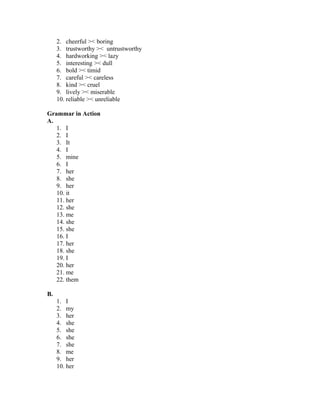 2. cheerful >< boring
3. trustworthy >< untrustworthy
4. hardworking >< lazy
5. interesting >< dull
6. bold >< timid
7. careful >< careless
8. kind >< cruel
9. lively >< miserable
10. reliable >< unreliable
Grammar in Action
A.
1. I
2. I
3. It
4. I
5. mine
6. I
7. her
8. she
9. her
10. it
11. her
12. she
13. me
14. she
15. she
16. I
17. her
18. she
19. I
20. her
21. me
22. them
B.
1. I
2. my
3. her
4. she
5. she
6. she
7. she
8. me
9. her
10. her
 