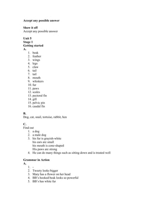 Accept any possible answer
Show it off
Accept any possible answer
Unit 5
Stage 1
Getting started
A.
1. beak
2. feather
3. wings
4. legs
5. claw
6. tail
7. tail
8. mouth
9. whiskers
10. fur
11. paws
12. scales
13. pectoral fin
14. gill
15. pelvic pin
16. caudal fin
B.
Dog, cat, snail, tortoise, rabbit, hen
C.
Find out
1. a dog
2. a male dog
3. his fur is grayish-white
his ears are small
his mouth is cone-shaped
His paws are strong
4. He can do many things such as sitting down and is treated well
Grammar in Action
A.
1. -
2. Tweety looks bigger
3. Mary has a flower on her head
4. BB’s hooked beak looks so powerful
5. BB’s has white fur
 