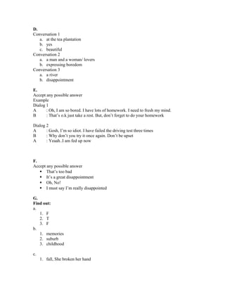 D.
Conversation 1
a. at the tea plantation
b. yes
c. beautiful
Conversation 2
a. a man and a woman/ lovers
b. expressing boredom
Conversation 3
a. a river
b. disappointment
E.
Accept any possible answer
Example
Dialog 1
A : Oh, I am so bored. I have lots of homework. I need to fresh my mind.
B : That’s o.k just take a rest. But, don’t forget to do your homework
Dialog 2
A : Gosh, I’m so idiot. I have failed the driving test three times
B : Why don’t you try it once again. Don’t be upset
A : Yeaah..I am fed up now
F.
Accept any possible answer
 That’s too bad
 It’s a great disappointment
 Oh, No!
 I must say I’m really disappointed
G.
Find out:
a.
1. F
2. T
3. F
b.
1. memories
2. suburb
3. childhood
c.
1. fall, She broken her hand
 