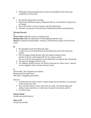 5. Although he had good grades and several accommodations, Ben did not get
accepted by the university.
E.
1. He told The Jakarta Post on Friday
2. Head of the distribution agency, Benyamin Davnie, was quoted by Tempo news
on Sunday.
3. One of the Albert’s cousin, Yulianto, told The Jakarta Post.
4. He looks very positive on the decision. Muhammad told the associated press.
Moving Forward
A.
Newsworthy event: the event in a summary form
Background event: the elaboration of what happened and the cause
Sources: comments by participants, witnesses, and authorities experts involved in the
event.
B.
1. He repeatedly struck his Indonesian maid
2. A supervisor was in jailed because he hit Indonesian maid with a television
remote.
3. First, he began striking Winarti. after she started working for him.
Second, he hit her on the head with TV set’s remote control.
On one occasion, he punched her on the back after accusing her day of dreaming.
4. The man was unhappy with her work.
5. S.S. Dhillion, Shafiq’s lawyer. He said his client lost his ‘better senses’ when he
saw his daughter’s face covered as she lay in bed.
C.
Newsworthy: The Singapore government…
Background: the target came…
The source: Singapore government…
Find out:
1. to double the size of the country’s media, design and art industries to six percent
of the economy by 2012
2. they want the country to move away from its stuffy, rule-bound image and
embrace more creativity as it seeks ways to sustain its economic growth.
3. Lee Boon Yang
Hand in Hand
Accept any possible answer
Show it off
Accept any possible
 