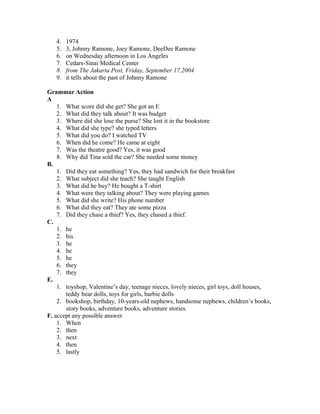 4. 1974
5. 3, Johnny Ramone, Joey Ramone, DeeDee Ramone
6. on Wednesday afternoon in Los Angeles
7. Cedars-Sinai Medical Center
8. from The Jakarta Post, Friday, September 17,2004
9. it tells about the past of Johnny Ramone
Grammar Action
A
1. What score did she get? She got an E
2. What did they talk about? It was budget
3. Where did she lose the purse? She lost it in the bookstore
4. What did she type? she typed letters
5. What did you do? I watched TV
6. When did he come? He came at eight
7. Was the theatre good? Yes, it was good
8. Why did Tina sold the car? She needed some money
B.
1. Did they eat something? Yes, they had sandwich for their breakfast
2. What subject did she teach? She taught English
3. What did he buy? He bought a T-shirt
4. What were they talking about? They were playing games
5. What did she write? His phone number
6. What did they eat? They ate some pizza
7. Did they chase a thief? Yes, they chased a thief.
C.
1. he
2. his
3. he
4. he
5. he
6. they
7. they
E.
1. toyshop, Valentine’s day, teenage nieces, lovely nieces, girl toys, doll houses,
teddy bear dolls, toys for girls, barbie dolls
2. bookshop, birthday, 10-years-old nephews, handsome nephews, children’s books,
story books, adventure books, adventure stories.
F. accept any possible answer
1. When
2. then
3. next
4. then
5. lastly
 