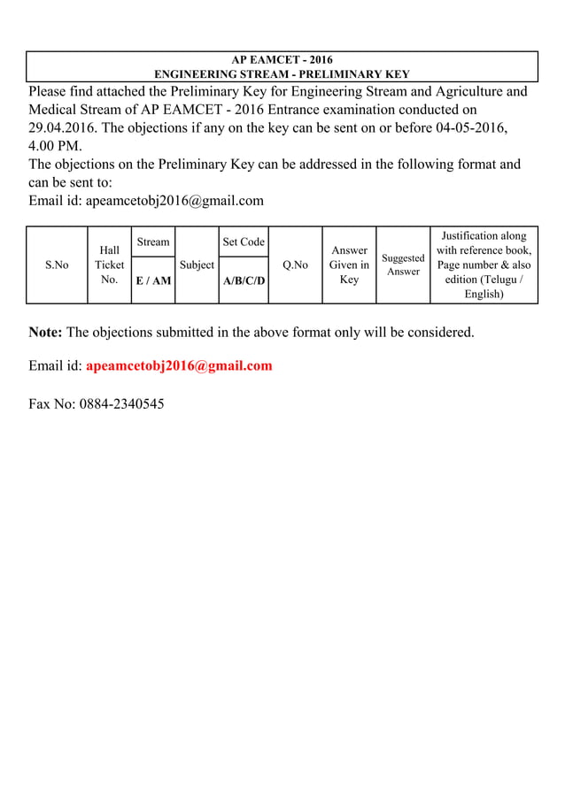 AP EAMCET 2016 Engineering Answer Key | PDF