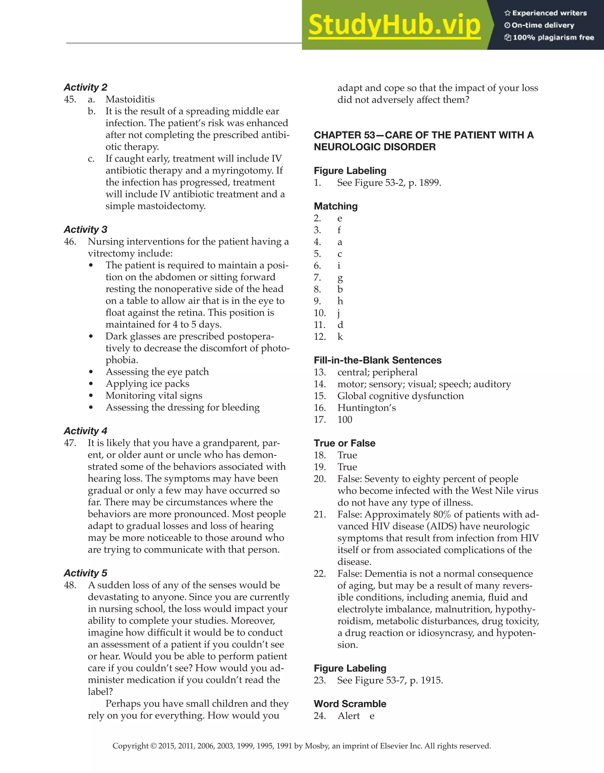 Copyright © 2015, 2011, 2006, 2003, 1999, 1995, 1991 by Mosby, an imprint of Elsevier Inc. All rights reserved.
Answer Key
  
155
  
Activity 2
45. a. Mastoiditis
b. It is the result of a spreading middle ear
infection. The patient’s risk was enhanced
after not completing the prescribed antibi-
otic therapy.
c. If caught early, treatment will include IV
antibiotic therapy and a myringotomy. If
the infection has progressed, treatment
will include IV antibiotic treatment and a
simple mastoidectomy.
Activity 3
46. Nursing interventions for the patient having a
vitrectomy include:
• The patient is required to maintain a posi-
tion on the abdomen or sitting forward
resting the nonoperative side of the head
on a table to allow air that is in the eye to
float against the retina. This position is
maintained for 4 to 5 days.
• Dark glasses are prescribed postopera-
tively to decrease the discomfort of photo-
phobia.
• Assessing the eye patch
• Applying ice packs
• Monitoring vital signs
• Assessing the dressing for bleeding
Activity 4
47. It is likely that you have a grandparent, par-
ent, or older aunt or uncle who has demon-
strated some of the behaviors associated with
hearing loss. The symptoms may have been
gradual or only a few may have occurred so
far. There may be circumstances where the
behaviors are more pronounced. Most people
adapt to gradual losses and loss of hearing
may be more noticeable to those around who
are trying to communicate with that person.
Activity 5
48. A sudden loss of any of the senses would be
devastating to anyone. Since you are currently
in nursing school, the loss would impact your
ability to complete your studies. Moreover,
imagine how difficult it would be to conduct
an assessment of a patient if you couldn’t see
or hear. Would you be able to perform patient
care if you couldn’t see? How would you ad-
minister medication if you couldn’t read the
label?
		
Perhaps you have small children and they
rely on you for everything. How would you
adapt and cope so that the impact of your loss
did not adversely affect them?
CHAPTER 53—CARE OF THE PATIENT WITH A
NEUROLOGIC DISORDER
Figure Labeling
1. See Figure 53-2, p. 1899.
Matching
2. e
3. f
4. a
5. c
6. i
7. g
8. b
9. h
10. j
11. d
12. k
Fill-in-the-Blank Sentences
13. central; peripheral
14. motor; sensory; visual; speech; auditory
15. Global cognitive dysfunction
16. Huntington’s
17. 100
True or False
18. True
19. True
20. False: Seventy to eighty percent of people
who become infected with the West Nile virus
do not have any type of illness.
21. False: Approximately 80% of patients with ad-
vanced HIV disease (AIDS) have neurologic
symptoms that result from infection from HIV
itself or from associated complications of the
disease.
22. False: Dementia is not a normal consequence
of aging, but may be a result of many revers-
ible conditions, including anemia, fluid and
electrolyte imbalance, malnutrition, hypothy-
roidism, metabolic disturbances, drug toxicity,
a drug reaction or idiosyncrasy, and hypoten-
sion.
Figure Labeling
23. See Figure 53-7, p. 1915.
Word Scramble
24. Alert e
 