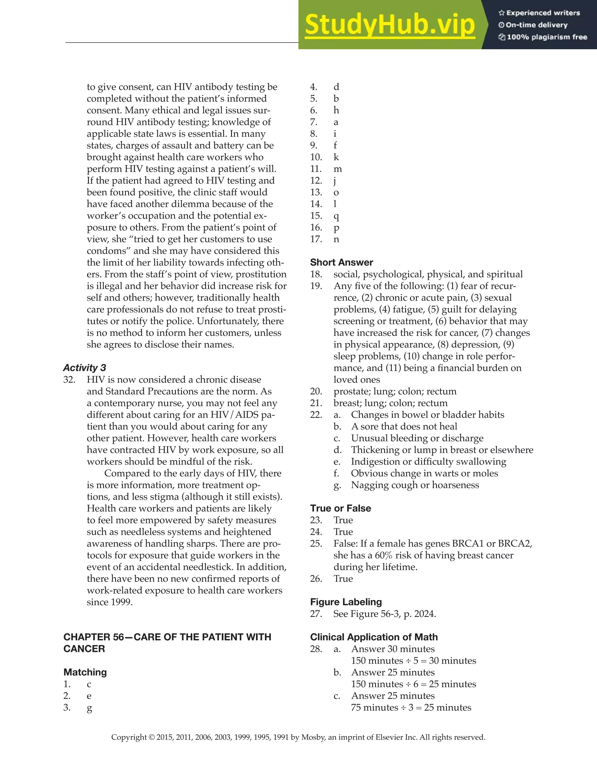 Copyright © 2015, 2011, 2006, 2003, 1999, 1995, 1991 by Mosby, an imprint of Elsevier Inc. All rights reserved.
Answer Key
  
162
  
to give consent, can HIV antibody testing be
completed without the patient’s informed
consent. Many ethical and legal issues sur-
round HIV antibody testing; knowledge of
applicable state laws is essential. In many
states, charges of assault and battery can be
brought against health care workers who
perform HIV testing against a patient’s will.
If the patient had agreed to HIV testing and
been found positive, the clinic staff would
have faced another dilemma because of the
worker’s occupation and the potential ex-
posure to others. From the patient’s point of
view, she “tried to get her customers to use
condoms” and she may have considered this
the limit of her liability towards infecting oth-
ers. From the staff’s point of view, prostitution
is illegal and her behavior did increase risk for
self and others; however, traditionally health
care professionals do not refuse to treat prosti-
tutes or notify the police. Unfortunately, there
is no method to inform her customers, unless
she agrees to disclose their names.
Activity 3
32. HIV is now considered a chronic disease
and Standard Precautions are the norm. As
a contemporary nurse, you may not feel any
different about caring for an HIV/AIDS pa-
tient than you would about caring for any
other patient. However, health care workers
have contracted HIV by work exposure, so all
workers should be mindful of the risk.
		
Compared to the early days of HIV, there
is more information, more treatment op-
tions, and less stigma (although it still exists).
Health care workers and patients are likely
to feel more empowered by safety measures
such as needleless systems and heightened
awareness of handling sharps. There are pro-
tocols for exposure that guide workers in the
event of an accidental needlestick. In addition,
there have been no new confirmed reports of
work-related exposure to health care workers
since 1999.
CHAPTER 56—CARE OF THE PATIENT WITH
CANCER
Matching
1. c
2. e
3. g
4. d
5. b
6. h
7. a
8. i
9. f
10. k
11. m
12. j
13. o
14. l
15. q
16. p
17. n
Short Answer
18. social, psychological, physical, and spiritual
19. Any five of the following: (1) fear of recur-
rence, (2) chronic or acute pain, (3) sexual
problems, (4) fatigue, (5) guilt for delaying
screening or treatment, (6) behavior that may
have increased the risk for cancer, (7) changes
in physical appearance, (8) depression, (9)
sleep problems, (10) change in role perfor-
mance, and (11) being a financial burden on
loved ones
20. prostate; lung; colon; rectum
21. breast; lung; colon; rectum
22. a. Changes in bowel or bladder habits
b. A sore that does not heal
c. Unusual bleeding or discharge
d. Thickening or lump in breast or elsewhere
e. Indigestion or difficulty swallowing
f. Obvious change in warts or moles
g. Nagging cough or hoarseness
True or False
23. True
24. True
25. False: If a female has genes BRCA1 or BRCA2,
she has a 60% risk of having breast cancer
during her lifetime.
26. True
Figure Labeling
27. See Figure 56-3, p. 2024.
Clinical Application of Math
28. a. Answer 30 minutes
150 minutes ÷ 5 = 30 minutes
b. Answer 25 minutes
150 minutes ÷ 6 = 25 minutes
c. Answer 25 minutes
75 minutes ÷ 3 = 25 minutes
 