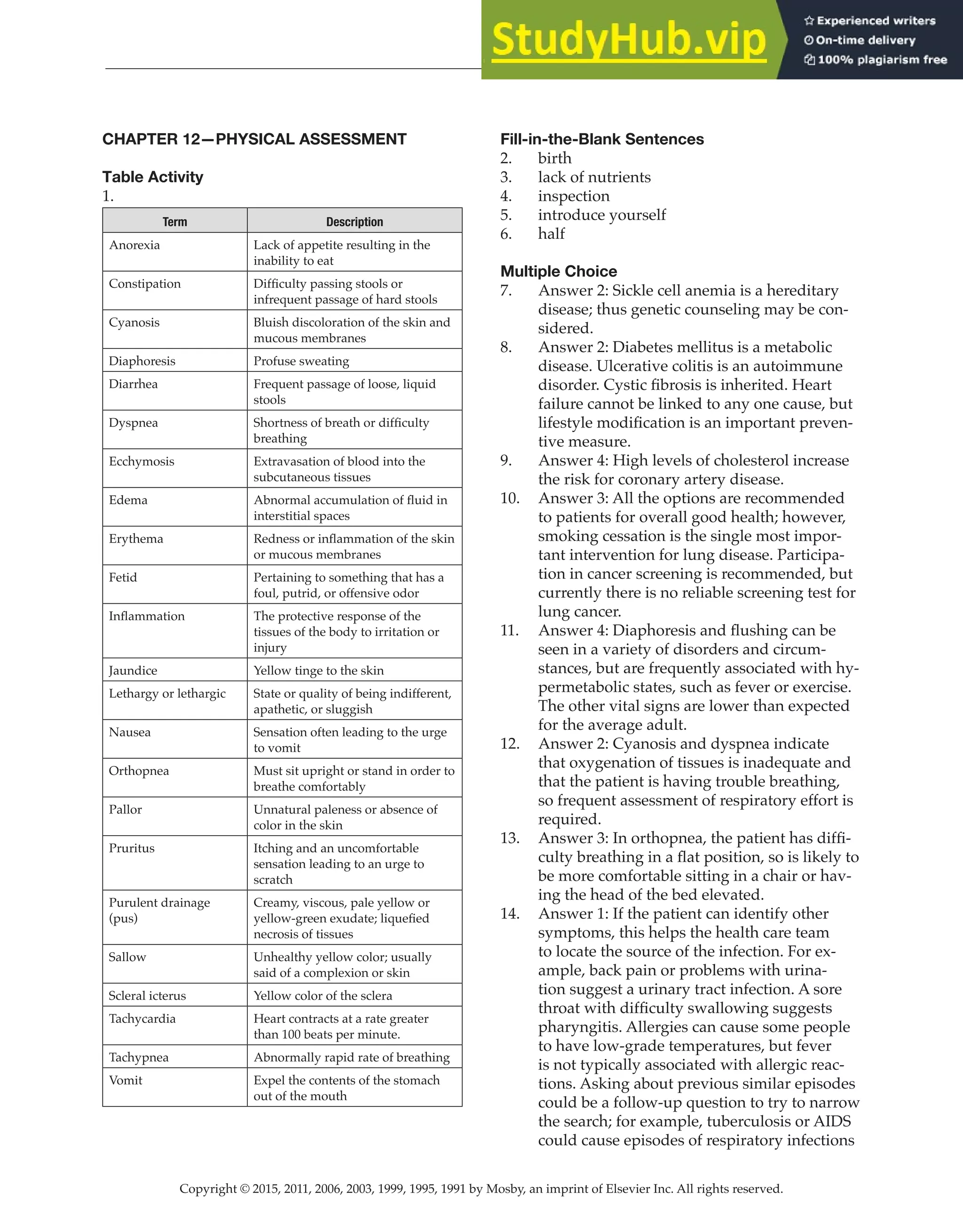 Copyright © 2015, 2011, 2006, 2003, 1999, 1995, 1991 by Mosby, an imprint of Elsevier Inc. All rights reserved.
Answer Key
  
32
  
CHAPTER 12—PHYSICAL ASSESSMENT
Table Activity
1.
Term Description
Anorexia Lack of appetite resulting in the
inability to eat
Constipation Difficulty passing stools or
infrequent passage of hard stools
Cyanosis Bluish discoloration of the skin and
mucous membranes
Diaphoresis Profuse sweating
Diarrhea Frequent passage of loose, liquid
stools
Dyspnea Shortness of breath or difficulty
breathing
Ecchymosis Extravasation of blood into the
subcutaneous tissues
Edema Abnormal accumulation of fluid in
interstitial spaces
Erythema Redness or inflammation of the skin
or mucous membranes
Fetid Pertaining to something that has a
foul, putrid, or offensive odor
Inflammation The protective response of the
tissues of the body to irritation or
injury
Jaundice Yellow tinge to the skin
Lethargy or lethargic State or quality of being indifferent,
apathetic, or sluggish
Nausea Sensation often leading to the urge
to vomit
Orthopnea Must sit upright or stand in order to
breathe comfortably
Pallor Unnatural paleness or absence of
color in the skin
Pruritus Itching and an uncomfortable
sensation leading to an urge to
scratch
Purulent drainage
(pus)
Creamy, viscous, pale yellow or
yellow-green exudate; liquefied
necrosis of tissues
Sallow Unhealthy yellow color; usually
said of a complexion or skin
Scleral icterus Yellow color of the sclera
Tachycardia Heart contracts at a rate greater
than 100 beats per minute.
Tachypnea Abnormally rapid rate of breathing
Vomit Expel the contents of the stomach
out of the mouth
Fill-in-the-Blank Sentences
2. birth
3. lack of nutrients
4. inspection
5. introduce yourself
6. half
Multiple Choice
7. Answer 2: Sickle cell anemia is a hereditary
disease; thus genetic counseling may be con-
sidered.
8. Answer 2: Diabetes mellitus is a metabolic
disease. Ulcerative colitis is an autoimmune
disorder. Cystic fibrosis is inherited. Heart
failure cannot be linked to any one cause, but
lifestyle modification is an important preven-
tive measure.
9. Answer 4: High levels of cholesterol increase
the risk for coronary artery disease.
10. Answer 3: All the options are recommended
to patients for overall good health; however,
smoking cessation is the single most impor-
tant intervention for lung disease. Participa-
tion in cancer screening is recommended, but
currently there is no reliable screening test for
lung cancer.
11. Answer 4: Diaphoresis and flushing can be
seen in a variety of disorders and circum-
stances, but are frequently associated with hy-
permetabolic states, such as fever or exercise.
The other vital signs are lower than expected
for the average adult.
12. Answer 2: Cyanosis and dyspnea indicate
that oxygenation of tissues is inadequate and
that the patient is having trouble breathing,
so frequent assessment of respiratory effort is
required.
13. Answer 3: In orthopnea, the patient has diffi-
culty breathing in a flat position, so is likely to
be more comfortable sitting in a chair or hav-
ing the head of the bed elevated.
14. Answer 1: If the patient can identify other
symptoms, this helps the health care team
to locate the source of the infection. For ex-
ample, back pain or problems with urina-
tion suggest a urinary tract infection. A sore
throat with difficulty swallowing suggests
pharyngitis. Allergies can cause some people
to have low-grade temperatures, but fever
is not typically associated with allergic reac-
tions. Asking about previous similar episodes
could be a follow-up question to try to narrow
the search; for example, tuberculosis or AIDS
could cause episodes of respiratory infections
 