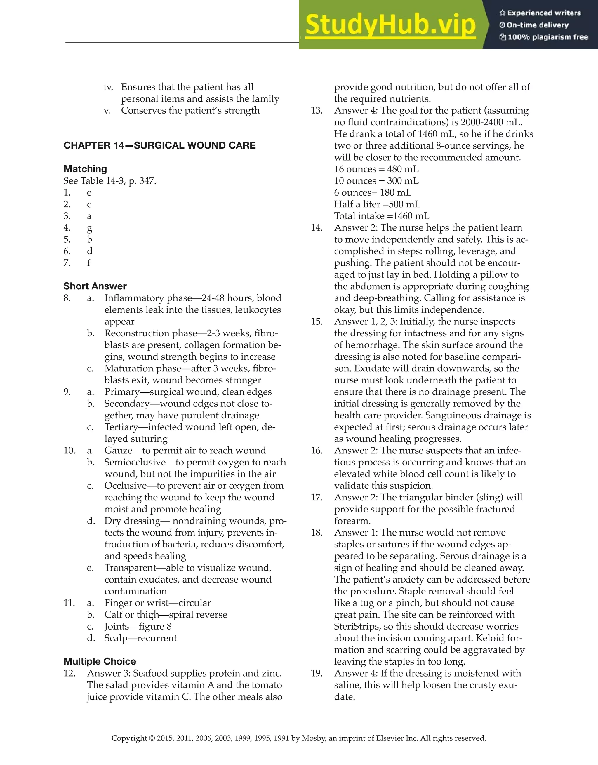 Copyright © 2015, 2011, 2006, 2003, 1999, 1995, 1991 by Mosby, an imprint of Elsevier Inc. All rights reserved.
Answer Key
  
37
  
iv. Ensures that the patient has all
personal items and assists the family
v. Conserves the patient’s strength
CHAPTER 14—SURGICAL WOUND CARE
Matching
See Table 14-3, p. 347.
1. e
2. c
3. a
4. g
5. b
6. d
7. f
Short Answer
8. a. Inflammatory phase—24-48 hours, blood
elements leak into the tissues, leukocytes
appear
b. Reconstruction phase—2-3 weeks, fibro-
blasts are present, collagen formation be-
gins, wound strength begins to increase
c. Maturation phase—after 3 weeks, fibro-
blasts exit, wound becomes stronger
9. a. Primary—surgical wound, clean edges
b. Secondary—wound edges not close to-
gether, may have purulent drainage
c. Tertiary—infected wound left open, de-
layed suturing
10. a. Gauze—to permit air to reach wound
b. Semiocclusive—to permit oxygen to reach
wound, but not the impurities in the air
c. Occlusive—to prevent air or oxygen from
reaching the wound to keep the wound
moist and promote healing
d. Dry dressing— nondraining wounds, pro-
tects the wound from injury, prevents in-
troduction of bacteria, reduces discomfort,
and speeds healing
e. Transparent—able to visualize wound,
contain exudates, and decrease wound
contamination
11. a. Finger or wrist—circular
b. Calf or thigh—spiral reverse
c. Joints—figure 8
d. Scalp—recurrent
Multiple Choice
12. Answer 3: Seafood supplies protein and zinc.
The salad provides vitamin A and the tomato
juice provide vitamin C. The other meals also
provide good nutrition, but do not offer all of
the required nutrients.
13. Answer 4: The goal for the patient (assuming
no fluid contraindications) is 2000-2400 mL.
He drank a total of 1460 mL, so he if he drinks
two or three additional 8-ounce servings, he
will be closer to the recommended amount.
16 ounces = 480 mL
10 ounces = 300 mL
6 ounces= 180 mL
Half a liter =500 mL
Total intake =1460 mL
14. Answer 2: The nurse helps the patient learn
to move independently and safely. This is ac-
complished in steps: rolling, leverage, and
pushing. The patient should not be encour-
aged to just lay in bed. Holding a pillow to
the abdomen is appropriate during coughing
and deep-breathing. Calling for assistance is
okay, but this limits independence.
15. Answer 1, 2, 3: Initially, the nurse inspects
the dressing for intactness and for any signs
of hemorrhage. The skin surface around the
dressing is also noted for baseline compari-
son. Exudate will drain downwards, so the
nurse must look underneath the patient to
ensure that there is no drainage present. The
initial dressing is generally removed by the
health care provider. Sanguineous drainage is
expected at first; serous drainage occurs later
as wound healing progresses.
16. Answer 2: The nurse suspects that an infec-
tious process is occurring and knows that an
elevated white blood cell count is likely to
validate this suspicion.
17. Answer 2: The triangular binder (sling) will
provide support for the possible fractured
forearm.
18. Answer 1: The nurse would not remove
staples or sutures if the wound edges ap-
peared to be separating. Serous drainage is a
sign of healing and should be cleaned away.
The patient’s anxiety can be addressed before
the procedure. Staple removal should feel
like a tug or a pinch, but should not cause
great pain. The site can be reinforced with
SteriStrips, so this should decrease worries
about the incision coming apart. Keloid for-
mation and scarring could be aggravated by
leaving the staples in too long.
19. Answer 4: If the dressing is moistened with
saline, this will help loosen the crusty exu-
date.
 