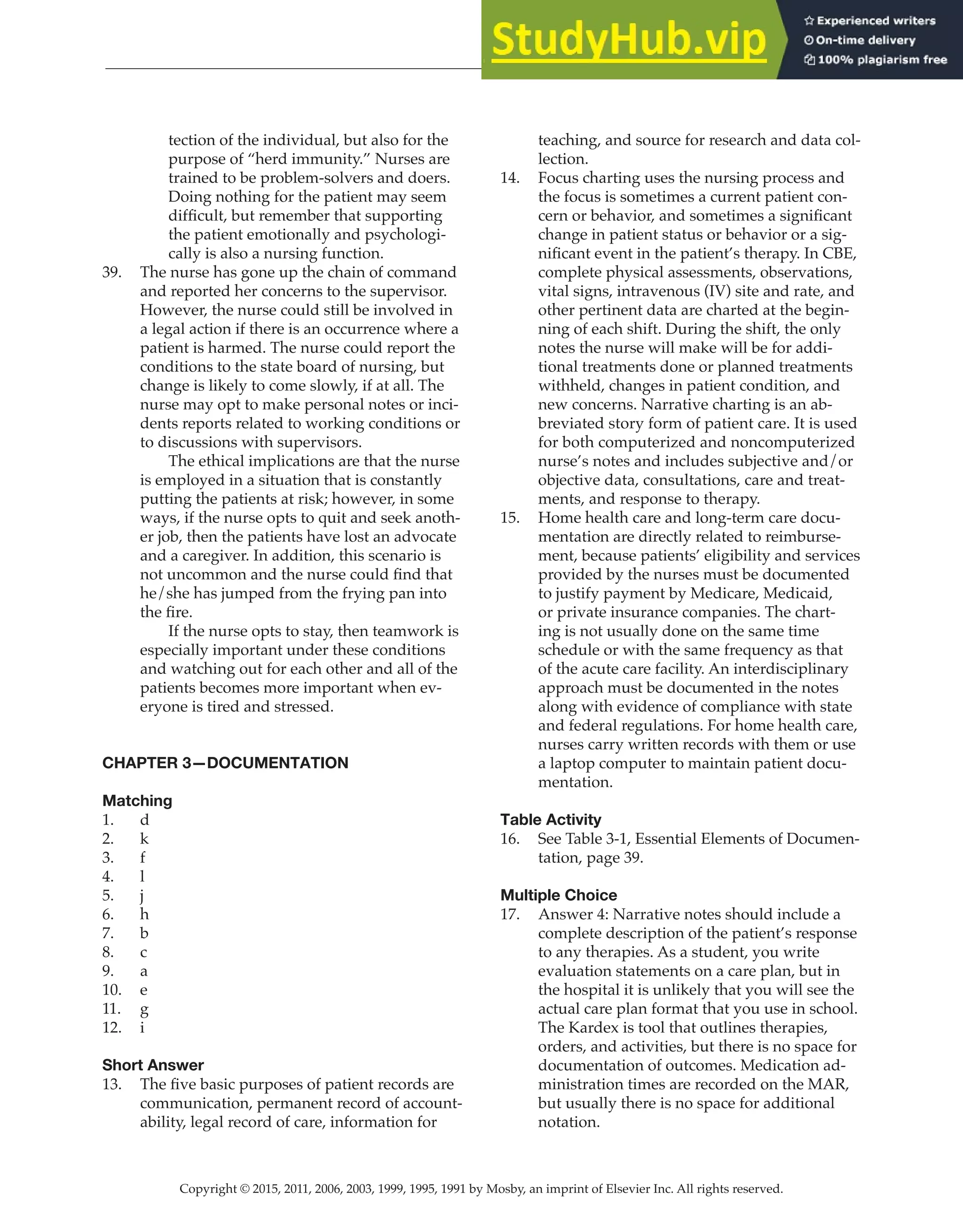 Copyright © 2015, 2011, 2006, 2003, 1999, 1995, 1991 by Mosby, an imprint of Elsevier Inc. All rights reserved.
Answer Key
  
6
  
tection of the individual, but also for the
purpose of “herd immunity.” Nurses are
trained to be problem-solvers and doers.
Doing nothing for the patient may seem
difficult, but remember that supporting
the patient emotionally and psychologi-
cally is also a nursing function.
39. The nurse has gone up the chain of command
and reported her concerns to the supervisor.
However, the nurse could still be involved in
a legal action if there is an occurrence where a
patient is harmed. The nurse could report the
conditions to the state board of nursing, but
change is likely to come slowly, if at all. The
nurse may opt to make personal notes or inci-
dents reports related to working conditions or
to discussions with supervisors.
		
The ethical implications are that the nurse
is employed in a situation that is constantly
putting the patients at risk; however, in some
ways, if the nurse opts to quit and seek anoth-
er job, then the patients have lost an advocate
and a caregiver. In addition, this scenario is
not uncommon and the nurse could find that
he/she has jumped from the frying pan into
the fire.
		
If the nurse opts to stay, then teamwork is
especially important under these conditions
and watching out for each other and all of the
patients becomes more important when ev-
eryone is tired and stressed.
CHAPTER 3—DOCUMENTATION
Matching
1. d
2. k
3. f
4. l
5. j
6. h
7. b
8. c
9. a
10. e
11. g
12. i
Short Answer
13. The five basic purposes of patient records are
communication, permanent record of account-
ability, legal record of care, information for
teaching, and source for research and data col-
lection.
14. Focus charting uses the nursing process and
the focus is sometimes a current patient con-
cern or behavior, and sometimes a significant
change in patient status or behavior or a sig-
nificant event in the patient’s therapy. In CBE,
complete physical assessments, observations,
vital signs, intravenous (IV) site and rate, and
other pertinent data are charted at the begin-
ning of each shift. During the shift, the only
notes the nurse will make will be for addi-
tional treatments done or planned treatments
withheld, changes in patient condition, and
new concerns. Narrative charting is an ab-
breviated story form of patient care. It is used
for both computerized and noncomputerized
nurse’s notes and includes subjective and/or
objective data, consultations, care and treat-
ments, and response to therapy.
15. Home health care and long-term care docu-
mentation are directly related to reimburse-
ment, because patients’ eligibility and services
provided by the nurses must be documented
to justify payment by Medicare, Medicaid,
or private insurance companies. The chart-
ing is not usually done on the same time
schedule or with the same frequency as that
of the acute care facility. An interdisciplinary
approach must be documented in the notes
along with evidence of compliance with state
and federal regulations. For home health care,
nurses carry written records with them or use
a laptop computer to maintain patient docu-
mentation.
Table Activity
16. See Table 3-1, Essential Elements of Documen-
tation, page 39.
Multiple Choice
17. Answer 4: Narrative notes should include a
complete description of the patient’s response
to any therapies. As a student, you write
evaluation statements on a care plan, but in
the hospital it is unlikely that you will see the
actual care plan format that you use in school.
The Kardex is tool that outlines therapies,
orders, and activities, but there is no space for
documentation of outcomes. Medication ad-
ministration times are recorded on the MAR,
but usually there is no space for additional
notation.
 