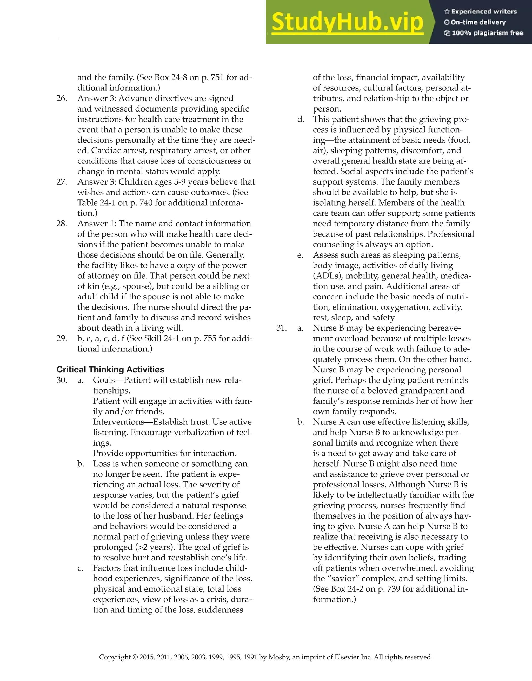 Copyright © 2015, 2011, 2006, 2003, 1999, 1995, 1991 by Mosby, an imprint of Elsevier Inc. All rights reserved.
Answer Key
  
72
  
and the family. (See Box 24-8 on p. 751 for ad-
ditional information.)
26. Answer 3: Advance directives are signed
and witnessed documents providing specific
instructions for health care treatment in the
event that a person is unable to make these
decisions personally at the time they are need-
ed. Cardiac arrest, respiratory arrest, or other
conditions that cause loss of consciousness or
change in mental status would apply.
27. Answer 3: Children ages 5-9 years believe that
wishes and actions can cause outcomes. (See
Table 24-1 on p. 740 for additional informa-
tion.)
28. Answer 1: The name and contact information
of the person who will make health care deci-
sions if the patient becomes unable to make
those decisions should be on file. Generally,
the facility likes to have a copy of the power
of attorney on file. That person could be next
of kin (e.g., spouse), but could be a sibling or
adult child if the spouse is not able to make
the decisions. The nurse should direct the pa-
tient and family to discuss and record wishes
about death in a living will.
29. b, e, a, c, d, f (See Skill 24-1 on p. 755 for addi-
tional information.)
Critical Thinking Activities
30. a. Goals—Patient will establish new rela-
tionships.
Patient will engage in activities with fam-
ily and/or friends.
Interventions—Establish trust. Use active
listening. Encourage verbalization of feel-
ings.
Provide opportunities for interaction.
b. Loss is when someone or something can
no longer be seen. The patient is expe-
riencing an actual loss. The severity of
response varies, but the patient’s grief
would be considered a natural response
to the loss of her husband. Her feelings
and behaviors would be considered a
normal part of grieving unless they were
prolonged (>2 years). The goal of grief is
to resolve hurt and reestablish one’s life.
c. Factors that influence loss include child-
hood experiences, significance of the loss,
physical and emotional state, total loss
experiences, view of loss as a crisis, dura-
tion and timing of the loss, suddenness
of the loss, financial impact, availability
of resources, cultural factors, personal at-
tributes, and relationship to the object or
person.
d. This patient shows that the grieving pro-
cess is influenced by physical function-
ing—the attainment of basic needs (food,
air), sleeping patterns, discomfort, and
overall general health state are being af-
fected. Social aspects include the patient’s
support systems. The family members
should be available to help, but she is
isolating herself. Members of the health
care team can offer support; some patients
need temporary distance from the family
because of past relationships. Professional
counseling is always an option.
e. Assess such areas as sleeping patterns,
body image, activities of daily living
(ADLs), mobility, general health, medica-
tion use, and pain. Additional areas of
concern include the basic needs of nutri-
tion, elimination, oxygenation, activity,
rest, sleep, and safety
31. a. Nurse B may be experiencing bereave-
ment overload because of multiple losses
in the course of work with failure to ade-
quately process them. On the other hand,
Nurse B may be experiencing personal
grief. Perhaps the dying patient reminds
the nurse of a beloved grandparent and
family’s response reminds her of how her
own family responds.
b. Nurse A can use effective listening skills,
and help Nurse B to acknowledge per-
sonal limits and recognize when there
is a need to get away and take care of
herself. Nurse B might also need time
and assistance to grieve over personal or
professional losses. Although Nurse B is
likely to be intellectually familiar with the
grieving process, nurses frequently find
themselves in the position of always hav-
ing to give. Nurse A can help Nurse B to
realize that receiving is also necessary to
be effective. Nurses can cope with grief
by identifying their own beliefs, trading
off patients when overwhelmed, avoiding
the “savior” complex, and setting limits.
(See Box 24-2 on p. 739 for additional in-
formation.)
 