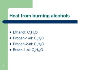 Heat from burning alcohols ,[object Object],[object Object],[object Object],[object Object]