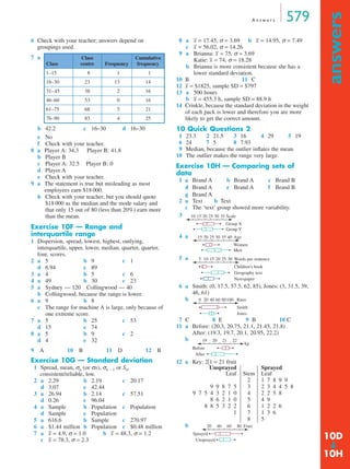 A n s w e r s 579
answers
➔
6 Check with your teacher; answers depend on
groupings used.
7 a
b 42.2 c 16–30 d 16–30
e No
f Check with your teacher.
8 a Player A: 34.3 Player B: 41.8
b Player B
c Player A: 32.5 Player B: 0
d Player A
e Check with your teacher.
9 a The statement is true but misleading as most
employees earn $18 000.
b Check with your teacher, but you should quote
$18 000 as the median and the mode salary and
that only 15 out of 80 (less than 20%) earn more
than the mean.
Exercise 10F — Range and
interquartile range
1 Dispersion, spread, lowest, highest, outlying,
interquartile, upper, lower, median, quarter, quarter,
four, scores.
2 a 5 b 9 c 1
d 6.94 e 89
3 a 4 b 5 c 6
4 a 49 b 30 c 23
5 a Sydney — 120 Collingwood — 40
b Collingwood, because the range is lower.
6 a 9 b 8
c The range for machine A is large, only because of
one extreme score.
7 a 5 b 25 c 53
d 15 e 74
8 a 5 b 9 c 2
d 4 e 32
9 A 10 B 11 D 12 B
Exercise 10G — Standard deviation
1 Spread, mean, σn (or σx), σn – 1 or Sn,
consistent/reliable, low.
2 a 2.29 b 2.19 c 20.17
d 3.07 e 42.44
3 a 26.94 b 2.14 c 57.51
d 0.26 e 96.04
4 a Sample b Population c Population
d Sample e Population
5 a 616.6 b Sample c 270.97
6 a $1.44 million b Population c $0.48 million
7 a x– = 4.9, σ = 1.0 b x– = 48.3, σ = 1.2
c x– = 78.3, σ = 2.3
8 a x– = 17.45, σ = 3.69 b x– = 14.95, σ = 7.49
c x– = 56.02, σ = 14.26
9 a Brianna: x– = 75, σ = 3.69
Katie: x– = 74, σ = 18.28
b Brianna is more consistent because she has a
lower standard deviation.
10 B 11 C
12 x– = $1825, sample SD = $797
13 a 500 hours
b x– = 455.3 h, sample SD = 88.9 h
14 Crinkle, because the standard deviation in the weight
of each pack is lower and therefore you are more
likely to get the correct amount.
10 Quick Questions 2
1 23.3 2 21.5 3 16 4 29 5 19
6 24 7 5 8 7.93
9 Median, because the outlier inﬂates the mean.
10 The outlier makes the range very large.
Exercise 10H — Comparing sets of
data
1
2 a Text b Text
c The ‘text’ group showed more variability.
3
4 a
5 a
6 a Smith: (0, 17.5, 57.5, 62, 85), Jones: (3, 31.5, 39,
46, 61)
b
11 a Before: (20.3, 20.75, 21.1, 21.45, 21.8)
After: (19.3, 19.7, 20.1, 20.95, 22.2)
b
12 a Key: 2 1 = 21 fruit
b
Class
Class
centre Frequency
Cumulative
frequency
1–15 8 1 1
16–30 23 13 14
31–45 38 2 16
46–60 53 0 16
61–75 68 5 21
76–90 83 4 25
a Brand A b Brand A c Brand B
d Brand A e Brand A f Brand B
g Brand A
7 C 8 E 9 B 10 C
Unsprayed Sprayed
Leaf
9 9 8 7 5
9 7 5 4 3 2 1 0
8 6 2 1 0
8 8 5 3 2 2
1
Stem
2
3
4
5
6
7
8
Leaf
1 7 8 9 9
2 3 4 4 5 8
2 2 5 8
4 9
1 2 2 6
1 3 6
5
10 15 2520 30 35 Scale
Group X
Group Y
15 2520 30 35 40 Age
Women
Men
5 1510 20 25 30 Words per sentence
Children's book
Geography text
Newspaper
0 4020 60 80100 Runs
Smith
Jones
19 20 21 22
Before
kg
After
20 40 60 80
Sprayed
Fruit
Unsprayed 10D
10H
MQ Maths A Yr 11 - Ans Page 579 Thursday, July 5, 2001 8:09 AM
 