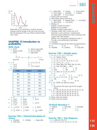 A n s w e r s 583
answers
➔
10 C
11
Impossible to ﬁt a trend line as trend is seasonal.
Summer uniform bought at the end of the year and
then the beginning of the year. Winter uniform bought
near winter.
CHAPTER 12 Introduction to
probability
Skills check
1 a 50-50 b Almost impossible
c Almost certain d Not very likely
e 50-50 f Impossible
2 a 6 b 1, 2, 3, 4, 5, 6
c 1 in 6 d 3
e 3 in 6 f 3 (2, 3 and 5)
g 3 in 6
3 a
b 8 c 2 d 3
4 a 0.833 b 0.667 c 0.167
d 0.077 e 0.417
5 a 83.3% b 66.7% c 16.7%
d 7.7% e 41.7%
6 a , 0.125 b , 0.444 c , 0.875
d , 0.938 e , 0.875 f , 0.009
Exercise 12A — Informal description of
chance
1 a Probable b Unlikely c Impossible
d Fifty-ﬁfty
2 a Impossible b Certain c Even chance
d Even chance e Probable f Unlikely
g Impossible h Even chance
3 Check with your teacher.
4 More likely during school term
5 a More likely b Equally likely c Less likely
d More likely e Less likely
6 Rolling a 6
Rolling a number less than 3
Rolling an even number
Rolling a number greater than 2
7 Winning a rafﬂe with 5 tickets out of 30
Selecting a court card from a standard deck
Drawing a green marble from a bag containing 4 red,
5 green and 7 blue marbles
Rolling a die and getting a number less than 3
Tossing a coin and having it land Heads
8 Australia
9 Carl Bailey because he has better past performances.
10 A 11 B 12 C
13 Probable 14 Unlikely 15 Fifty-ﬁfty
Exercise 12B — Sample space
1 S = {1, 2, 3, 4, 5, 6, 7, 8, 9, 10}
2 a S = {Heads, Tails}
b S = {1, 2, 3, 4, 5, 6}
c S = {2, 3, 4, 5, 6, 7, 8, 9, 10, 11, 12}
d S = {a, b, c, d, …, y, z}
e S = {Sun, Mon, Tue, Wed, Thu, Fri, Sat}
f S = {Jan, Feb, Mar, …, Dec}
3 a 52 b 15 c 45
d 1500 e 901 f 11
4 a S = {M, I, S, S, I, S, S, I, P, P, I}
b 11 c 4
5 a 52 b i 4 ii 2 iii 13
6 a S = {1, 2, 3, 4, 5, 6} b E = {5, 6}
7 a 100 b 40
8 D 9 B 10 D
11 a S = {NSW win, Qld win, draw}
b 3
c No, because the teams may not be of equal
ability.
12 a S = {20, 20, 20, 20, 20, 10, 10, 10, 10, 5}, 10
b S = {20, 20, 20, 20, 10, 10, 10, 10, 5}
c S = {20, 20, 20, 20, 20, 10, 10, 10, 5}
d S = {20, 20, 20, 20, 20, 10, 10, 10, 10}
13 Check with your teacher.
14 Check with your teacher.
10 Quick Questions 1
1 Unlikely 2 Fifty-ﬁfty 3 Probable
4 100 5 18 6 3
7 10 8 1 9 0
10 4
Exercise 12C — Tree diagrams
1 S = {HH, HT, TH, TT}
2 S = {11, 12, 13, 21, 22, 23, 31, 32, 33}
Child 1 Child 2 Child 3
Boy Girl Girl
Boy Boy Girl
Boy Girl Boy
Boy Boy Boy
Girl Boy Boy
Girl Boy Girl
Girl Girl Boy
Girl Girl Girl
6
Month
42 12108
50
30
110
90
70
10
Numberofuniformssold
Impossible
b d a c
e
f
Certain
1
8
---
4
9
---
7
8
---
15
16
------
7
8
---
9
1024
------------
11C
12C
MQ Maths A Yr 11 - Ans Page 583 Thursday, July 5, 2001 8:09 AM
 