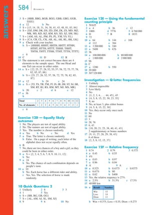 584 A n s w e r s
answers
3 S = {BBB, BBG, BGB, BGG, GBB, GBG, GGB,
GGG}
4 a 12 b No
5 S = {13, 14, 18, 31, 34, 38, 41, 43, 48, 81, 83, 84}
6 S = {DZ, DM, DK, DS, ZD, ZM, ZK, ZS, MD, MZ,
MK, MS, KD, KZ, KM, KS, SD, SZ, SM, SK}
7 S = {AM, AS, AL, PM, PS, PL, YM, YS, YL}
8 S = {CA, CR, CL, CK, AR, AL, AK, RL, RK, LK}
9 a Check with your teacher.
b S = {HHHH, HHHT, HHTH, HHTT, HTHH,
HTHT, HTTH, HTTT, THHH, THHT,
THTH, THTT, TTHH, TTHT, TTTH, TTTT}
c 6
10 C 11 D 12 B
13 The statement is not correct because there are 4
elements to the sample space. The one Head and
one Tail can occur in either order.
14 a S = {22, 25, 27, 28, 52, 55, 57, 58, 72, 75, 77, 78,
82, 85, 87, 88}
b S = {25, 27, 28, 52, 57, 58, 72, 75, 78, 82, 85,
87}
15 a 12 b 24 c 24
16 a S = {TJ, TS, TR, TM, JT, JS, JR, JM, ST, SJ, SR,
SM, RT, RJ, RS, RM, MT, MJ, MS, MR}
b 20 c 2 d 6 e 12
17 a 36
b
c 6
Exercise 12D — Equally likely
outcomes
1 No. The players are not of equal ability.
2 No. The runners are not of equal ability.
3 Yes. The number is chosen randomly.
4 a Yes b No c No d Yes
5 a True. The letter is chosen randomly.
b False. On a page of writing, each letter of the
alphabet does not occur equally often.
6 B
7 No, there are two chances of a boy and a girl, as they
could be born in either order.
8 a S = {2, 3, 4, 5, 6, 7, 8, 9, 10, 11, 12}
b No
9 a 24
b No. The chance of each combination depends on
people’s taste.
10 a 10
b No. Each horse has a different rider and ability.
c Yes. Yes. The selection of horse is made
randomly.
10 Quick Questions 2
1 Unlikely 2 8 3 3
4 1 5 Yes
6 S = {BB, BG, GB, GG}
7 S = {AL, AM, AJ, SL, SM, SJ}
8 9 9 6 10 No
Exercise 12E — Using the fundamental
counting principle
1 50 625
2 a 4 b 36 c 12
3 1000 4 7776 5 6 760 000
6 D 7 B 8 1833
9 72
10 a 64 b 144 c 168
d 112 e 384
11 a 3 200 000 b 240
12 a 5408 b 676
13 36
14 a 100 000 000 b 80 000 000
c 1 000 000 d 2 000 000
15 96
16 C
17 a 1200 b 550
18 20 000
19 307 328 000
Investigation — Q-lotto: frequencies
1 Unlikely
2 Almost impossible
3 Less likely
4 No
5 {1, 2, 3, 4, . . . 44, 45}, 45
6 {4, 5, 8, 15, 22, 30, 23, 35}
7 8, no
8 No, at least 3, plus either bonus
9 {4, 5, 8, 15, 22, 30}
10 Yes, they occur only once each
11 No
12 60
13 3
14 28, 76
15 6, 43
16 {10, 20, 21, 25, 38, 40, 41, 43}
2 supplementary or bonus numbers
17 {9, 11, 27, 28, 29, 38, 43}
6 of these
18 {2, 5, 8, 12, 15, 37}
Exercise 12F — Relative frequency
1 0.74 2 0.79 3 0.375
4 a 0.45 b 0.55
5 4%
6 a 0.03 b 0.97
7 a 0.96 b 0.04
8 A 9 A
10 a 0.525 b 0.4375 c 0.0375
11 a 6.67% b 80
12 a 0.02 b $400
13 Yes, the relative requency is 27%.
14 a 2.5% b 51.5% c 17.5%
15 40 000 km
16 a
b Win = 0.375, Loss = 0.35, Draw = 0.275
Total 2 3 4 5 6 7 8 9 10 11 12
No. of elements 1 2 3 4 5 6 5 4 3 2 1
Result Number
Win
Loss
Draw
15
14
11
12A
12F
MQ Maths A Yr 11 - Ans Page 584 Thursday, July 5, 2001 8:09 AM
 