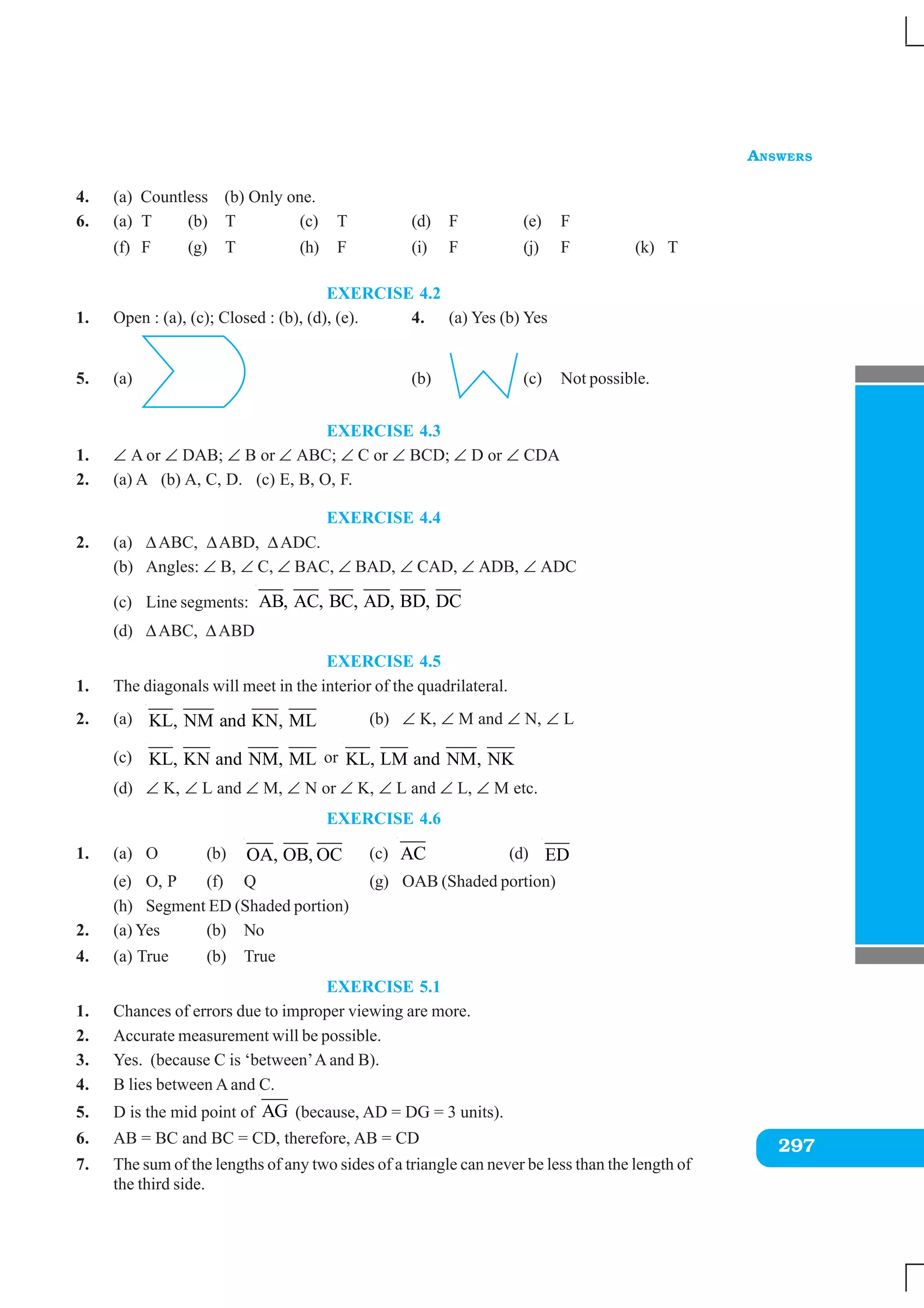 ANSWERS
297
4. (a) Countless (b) Only one.
6. (a) T (b) T (c) T (d) F (e) F
(f) F (g) T (h) F (i) F (j) F (k) T
EXERCISE 4.2
1. Open : (a), (c); Closed : (b), (d), (e). 4. (a) Yes (b) Yes
5. (a) (b) (c) Not possible.
EXERCISE 4.3
1. ∠ A or ∠ DAB; ∠ B or ∠ ABC; ∠ C or ∠ BCD; ∠ D or ∠ CDA
2. (a) A (b) A, C, D. (c) E, B, O, F.
EXERCISE 4.4
2. (a) ΔABC, ΔABD, ΔADC.
(b) Angles: ∠ B, ∠ C, ∠ BAC, ∠ BAD, ∠ CAD, ∠ ADB, ∠ ADC
(c) Line segments: AB, AC, BC, AD, BD, DC
(d) ΔABC, ΔABD
EXERCISE 4.5
1. The diagonals will meet in the interior of the quadrilateral.
2. (a) KL, NM and KN, ML (b) ∠ K, ∠ M and ∠ N, ∠ L
(c) KL, KN and NM, ML or KL, LM and NM, NK
(d) ∠ K, ∠ L and ∠ M, ∠ N or ∠ K, ∠ L and ∠ L, ∠ M etc.
EXERCISE 4.6
1. (a) O (b) OA, OB, OC (c) AC (d) ED
(e) O, P (f) Q (g) OAB (Shaded portion)
(h) Segment ED (Shaded portion)
2. (a) Yes (b) No
4. (a) True (b) True
EXERCISE 5.1
1. Chances of errors due to improper viewing are more.
2. Accurate measurement will be possible.
3. Yes. (because C is ‘between’A and B).
4. B lies between A and C.
5. D is the mid point of AG (because, AD = DG = 3 units).
6. AB = BC and BC = CD, therefore, AB = CD
7. The sum of the lengths of any two sides of a triangle can never be less than the length of
the third side.
 