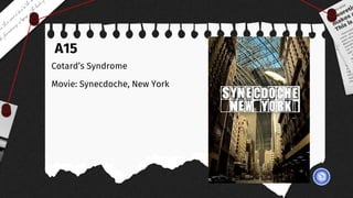 A15
Cotard’s Syndrome
Movie: Synecdoche, New York
 