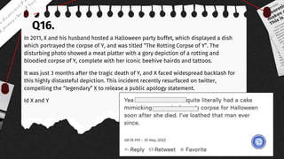 Q16.
In 2011, X and his husband hosted a Halloween party buffet, which displayed a dish
which portrayed the corpse of Y, and was titled “The Rotting Corpse of Y”. The
disturbing photo showed a meat platter with a gory depiction of a rotting and
bloodied corpse of Y, complete with her iconic beehive hairdo and tattoos.
It was just 3 months after the tragic death of Y, and X faced widespread backlash for
this highly distasteful depiction. This incident recently resurfaced on twitter,
compelling the “legendary” X to release a public apology statement.
Id X and Y
 