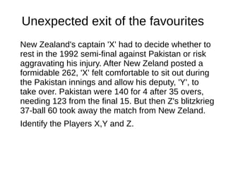 Unexpected exit of the favourites
New Zealand's captain 'X' had to decide whether to
rest in the 1992 semi-final against Pakistan or risk
aggravating his injury. After New Zeland posted a
formidable 262, 'X' felt comfortable to sit out during
the Pakistan innings and allow his deputy, 'Y', to
take over. Pakistan were 140 for 4 after 35 overs,
needing 123 from the final 15. But then Z's blitzkrieg
37-ball 60 took away the match from New Zeland.
Identify the Players X,Y and Z.
 