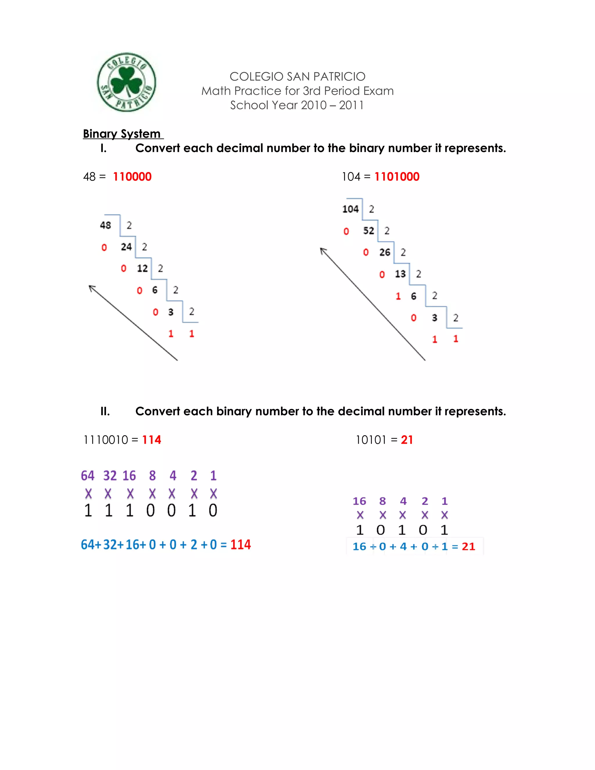 COLEGIO SAN PATRICIO
                    Math Practice for 3rd Period Exam
                        School Year 2010 – 2011

Binary System
   I.    Convert each decimal number to the binary number it represents.

48 = 110000                                104 = 1101000




  II.   Convert each binary number to the decimal number it represents.

1110010 = 114                                 10101 = 21
 
