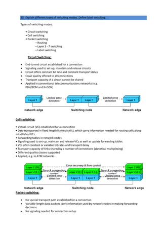 30. Explain different types of switching modes. Define label switching.
Types of switching modes:
• Circuit switching
• Cell switching
• Packet switching
– Routing
– Layer 3 - 7 switching
– Label switching
Circuit Switching:
 End-to-end circuit established for a connection
 Signaling used to set-up, maintain and release circuits
 Circuit offers constant bit rate and constant transport delay
 Equal quality offered to all connections
 Transport capacity of a circuit cannot be shared
 Applied in conventional telecommunications networks (e.g.
PDH/PCM and N-ISDN)
Cell switching:
• Virtual circuit (VC) established for a connection
• Data transported in fixed length frames (cells), which carry information needed for routing cells along
established VCs
• Forwarding tables in network nodes
• Signaling used to set-up, maintain and release VCs as well as update forwarding tables
• VCs offer constant or variable bit rates and transport delay
• Transport capacity of links shared by a number of connections (statistical multiplexing)
• Different quality classes supported
• Applied, e.g. in ATM networks
Packet switching:
 No special transport path established for a connection
 Variable length data packets carry information used by network nodes in making forwarding
decisions
 No signaling needed for connection setup
 