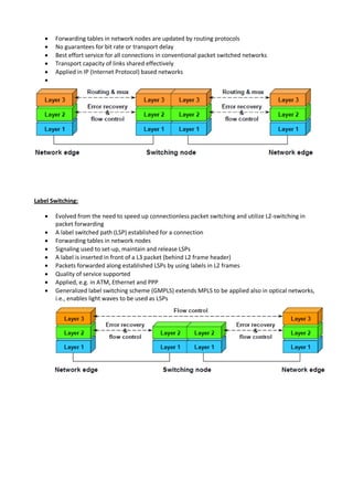  Forwarding tables in network nodes are updated by routing protocols
 No guarantees for bit rate or transport delay
 Best effort service for all connections in conventional packet switched networks
 Transport capacity of links shared effectively
 Applied in IP (Internet Protocol) based networks

Label Switching:
 Evolved from the need to speed up connectionless packet switching and utilize L2-switching in
packet forwarding
 A label switched path (LSP) established for a connection
 Forwarding tables in network nodes
 Signaling used to set-up, maintain and release LSPs
 A label is inserted in front of a L3 packet (behind L2 frame header)
 Packets forwarded along established LSPs by using labels in L2 frames
 Quality of service supported
 Applied, e.g. in ATM, Ethernet and PPP
 Generalized label switching scheme (GMPLS) extends MPLS to be applied also in optical networks,
i.e., enables light waves to be used as LSPs
 