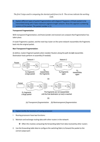 The first 5 steps used in computing the shortest path from A to D. The arrows indicate the working
node.
8. Explain different types of packet fragmentation with diagram? Suppose a 19 byte packet to be
transmitted along with 3 byte maximum segment length network. Show the segment numbering
systems of the packet. The packet number is 15.
Transparent Fragmentation
With transparent fragmentation, end hosts (sender and receiver) are unaware that fragmentation has
taken place.
A router fragments a packet, and the next-hop router on the same network reassembles the fragments
back into the original packet.
Non-Transparent Fragmentation:
As before, routers fragment packets when needed. Routers along the path do not reassemble.
Destination hosts perform re-assembly (if needed).
(a) Transparent fragmentation. (b) Nontransparent fragmentation.
9. Explain briefly the functions of routing processor.
• Routing processors have two functions:
1. Maintain and exchange routing data with other routers in the network
Often this involves computing the forwarding table from data received by other routers
2. Use the forwarding table data to configure the switching fabric to forward the packet to the
correct output port
 
