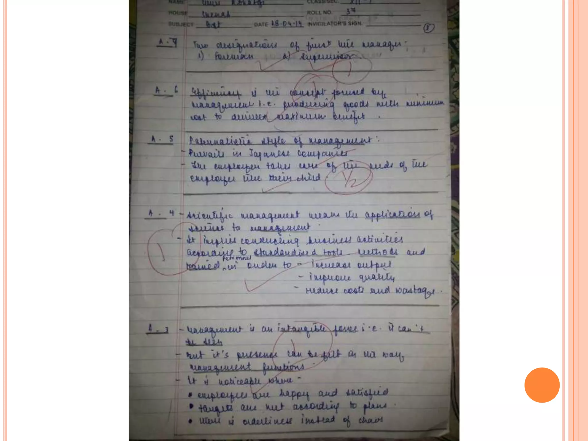 Answer sheet set A (Ch1 and Ch 2 only Tylor's principles)