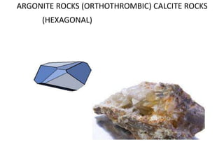 ARGONITE ROCKS (ORTHOTHROMBIC) CALCITE ROCKS
(HEXAGONAL)
 