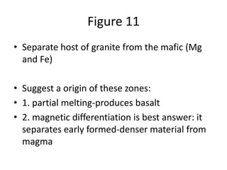 Figure 11
• Separate host of granite from the mafic (Mg
and Fe)
• Suggest a origin of these zones:
• 1. partial melting-produces basalt
• 2. magnetic differentiation is best answer: it
separates early formed-denser material from
magma
 