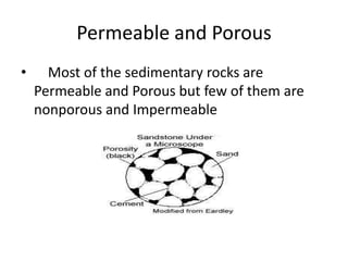 Permeable and Porous
• Most of the sedimentary rocks are
Permeable and Porous but few of them are
nonporous and Impermeable
 