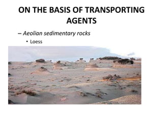 ON THE BASIS OF TRANSPORTING
AGENTS
– Aeolian sedimentary rocks
• Loess
 
