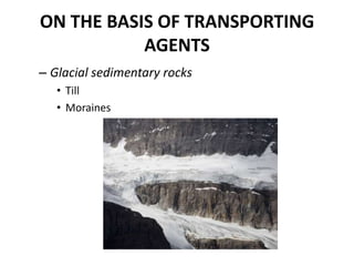 ON THE BASIS OF TRANSPORTING
AGENTS
– Glacial sedimentary rocks
• Till
• Moraines
 
