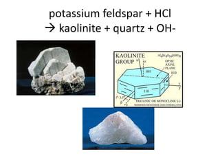 potassium feldspar + HCl
 kaolinite + quartz + OH-
 