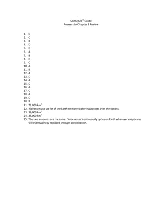 Science/6th
Grade
Answers to Chapter 8 Review
1. C
2. C
3. B
4. D
5. C
6. A
7. B
8. D
9. C
10. A
11. B
12. A
13. D
14. A
15. D
16. A
17. C
18. A
19. D
20. B
21. 71,000 km3
22. Oceans make up for of the Earth so more water evaporates over the oceans.
23. 36,000 km3
24. 36,000 km3
25. The two amounts are the same. Since water continuously cycles on Earth whatever evaporates
will eventually by replaced through precipitation.
 