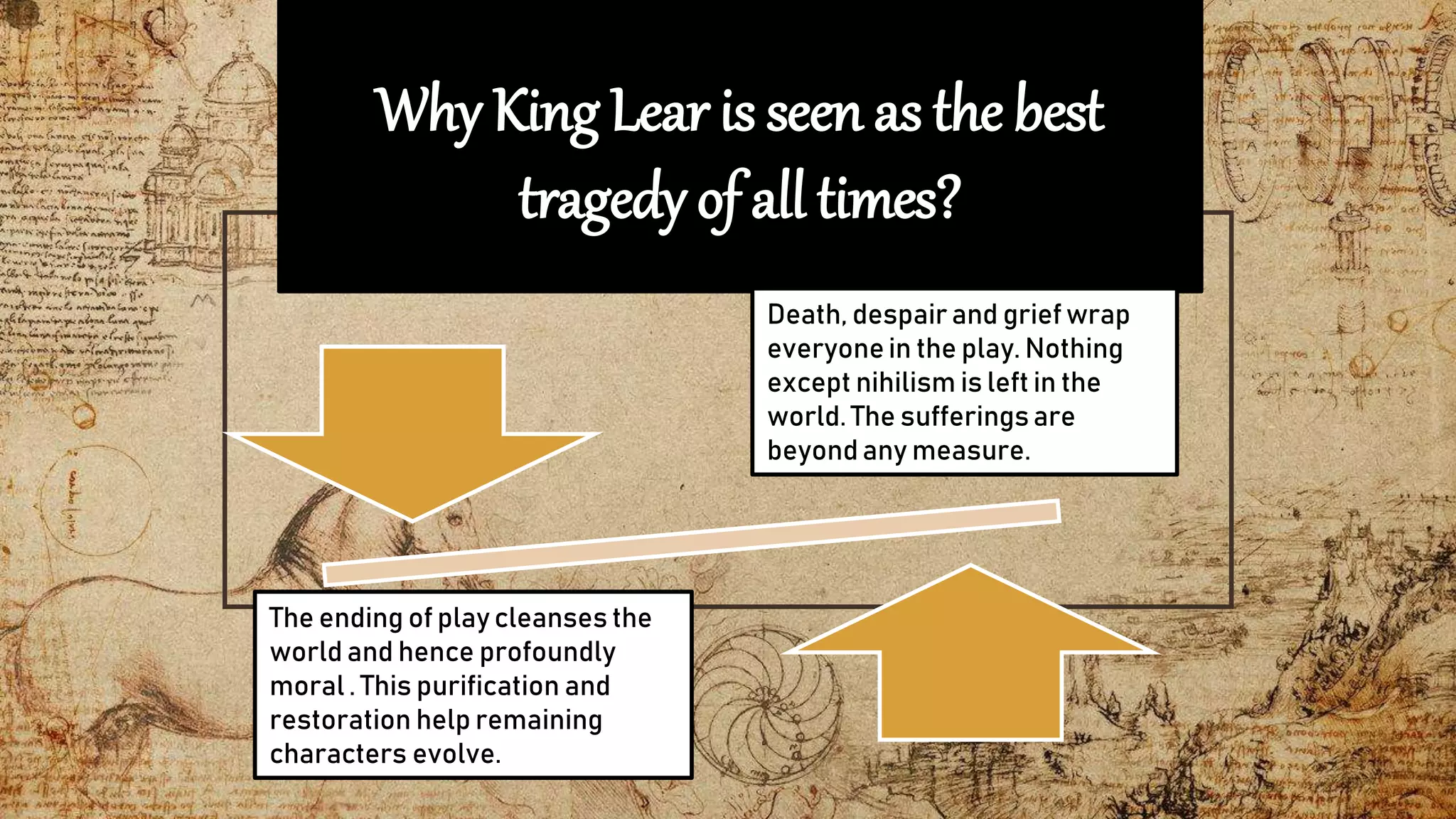 Why King Lear is seen as the best
tragedy of all times?
The ending of play cleanses the
world and hence profoundly
moral . This purification and
restoration help remaining
characters evolve.
Death, despair and grief wrap
everyonein the play. Nothing
except nihilism is left in the
world. The sufferingsare
beyond any measure.
 